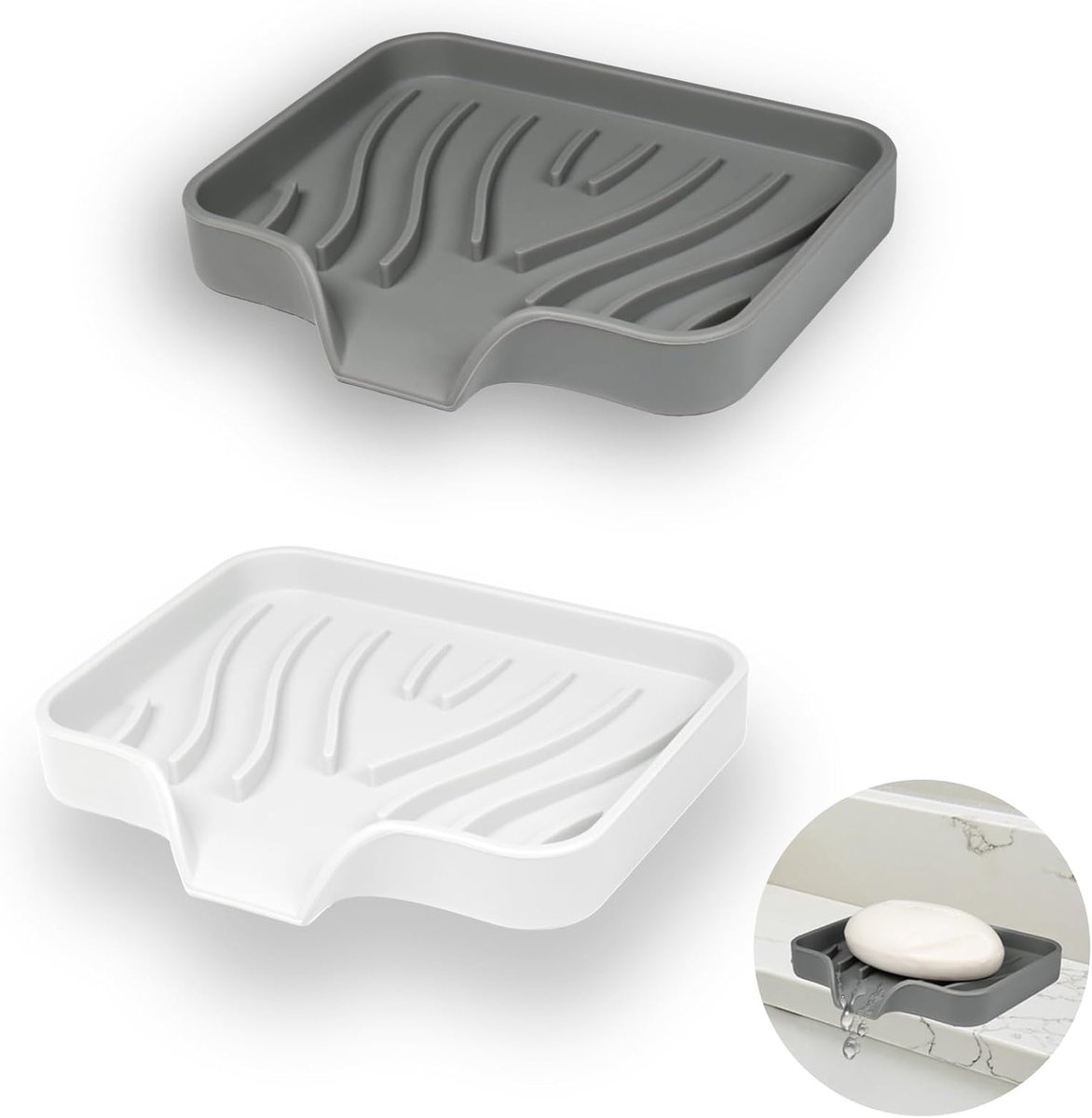 SnelShoppen - 2Pcs Silicone Soap Dish met Afvoer, Soap Holder voor Badkamer, Keuken, Douche en Badkuip, Wit + Grijs, Duurzaam en Milieuvriendelijk