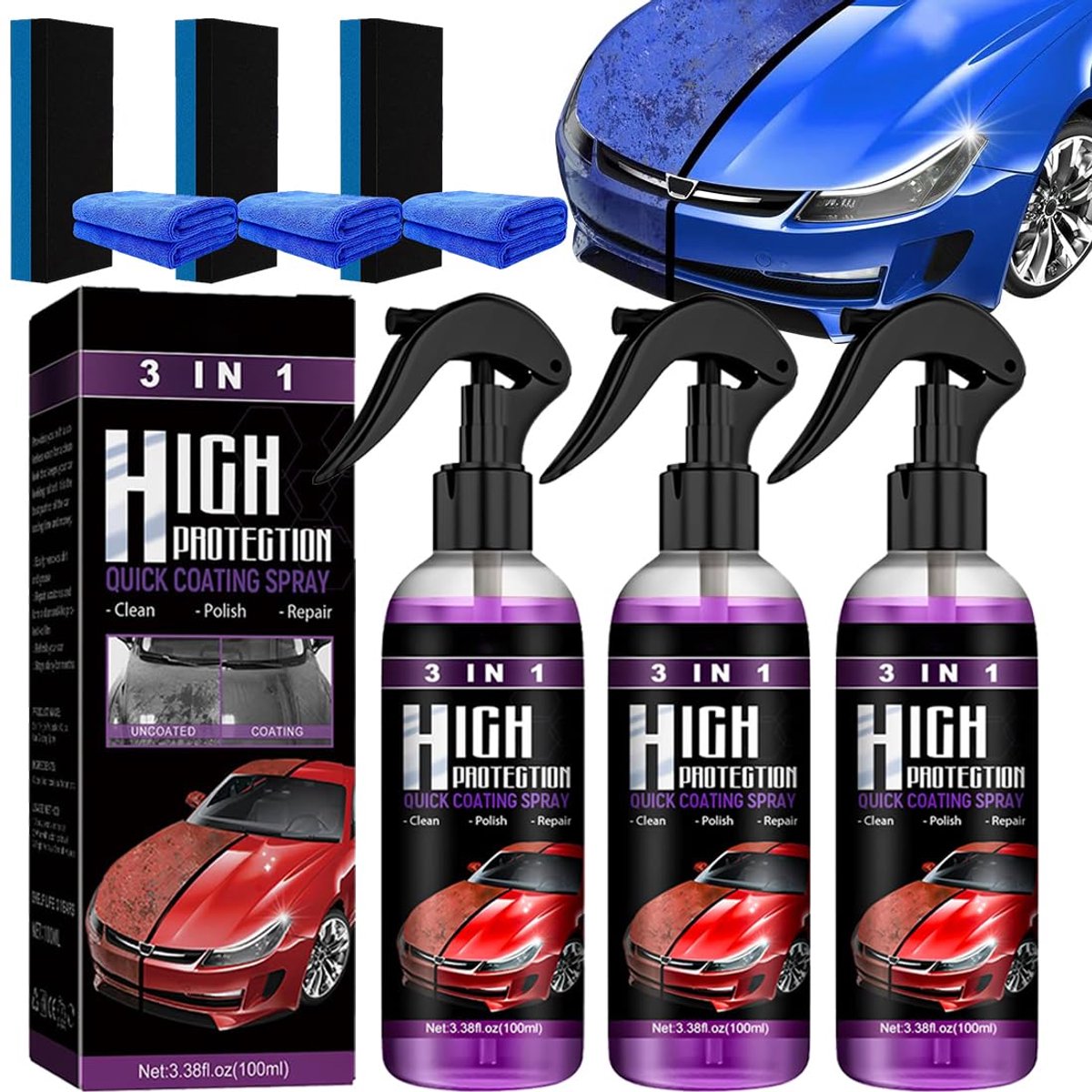 SnelShoppen - 3-in-1 Nano Coating Spray voor Auto's - Hoogwaardige Bescherming, Snelle Coating, 300 ml - Waterloze Reiniging, Ceramisch Behandelingsmi
