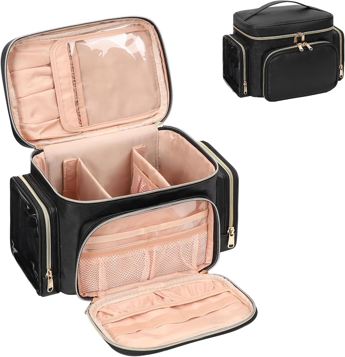 SnelShoppen - Grote Cosmetica Tas Dames - Make-up Tas met Borstel Compartement - Draagbare Make-up Organizer - Zwart - Ruime Capaciteit voor Reizen en
