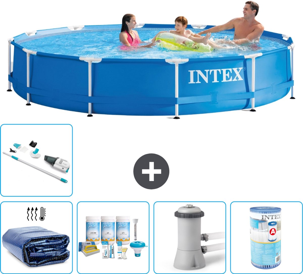Intex Rond Frame Zwembad - 366 x 76 cm - Blauw - Inclusief Solarzeil - Onderhoudspakket - Zwembadfilterpomp - Filter - Stofzuiger - 6-delig