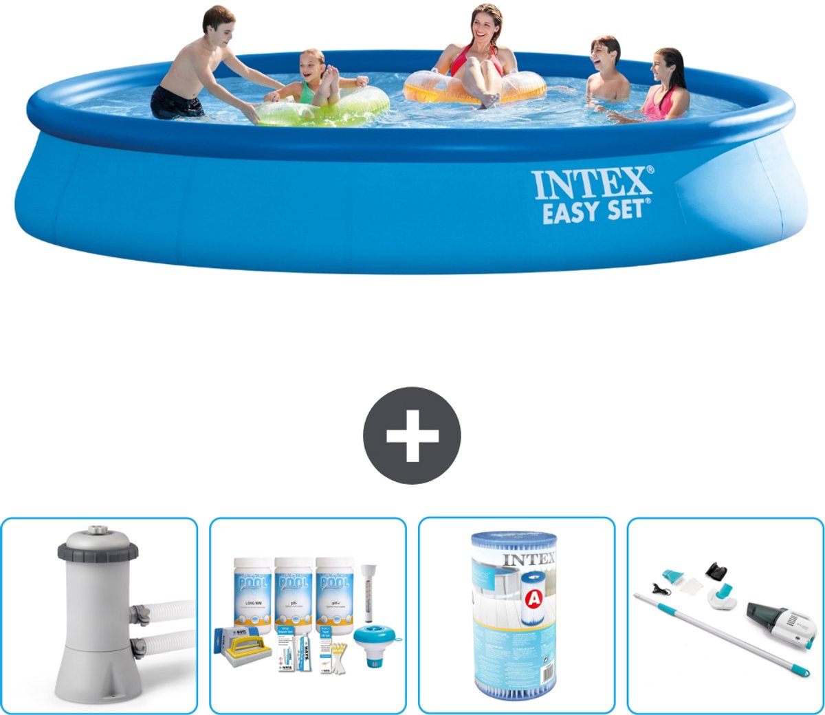 Intex Rond Opblaasbaar Easy Set Zwembad - 457 x 84 cm - Blauw - Inclusief Pomp - Onderhoudspakket - Filter - Stofzuiger - 5-delig