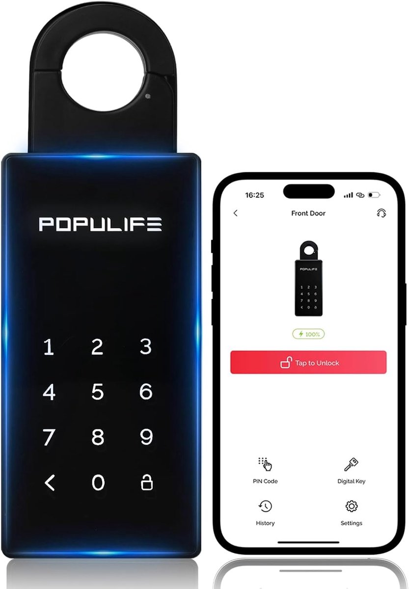 SnelShoppen - Populife Slimme Sleutelkluis - Bluetooth Elektronische Sleutelkluis met Cijfercode - Draadloze Kluis voor Thuis, Kantoor, Airbnb & Vastg