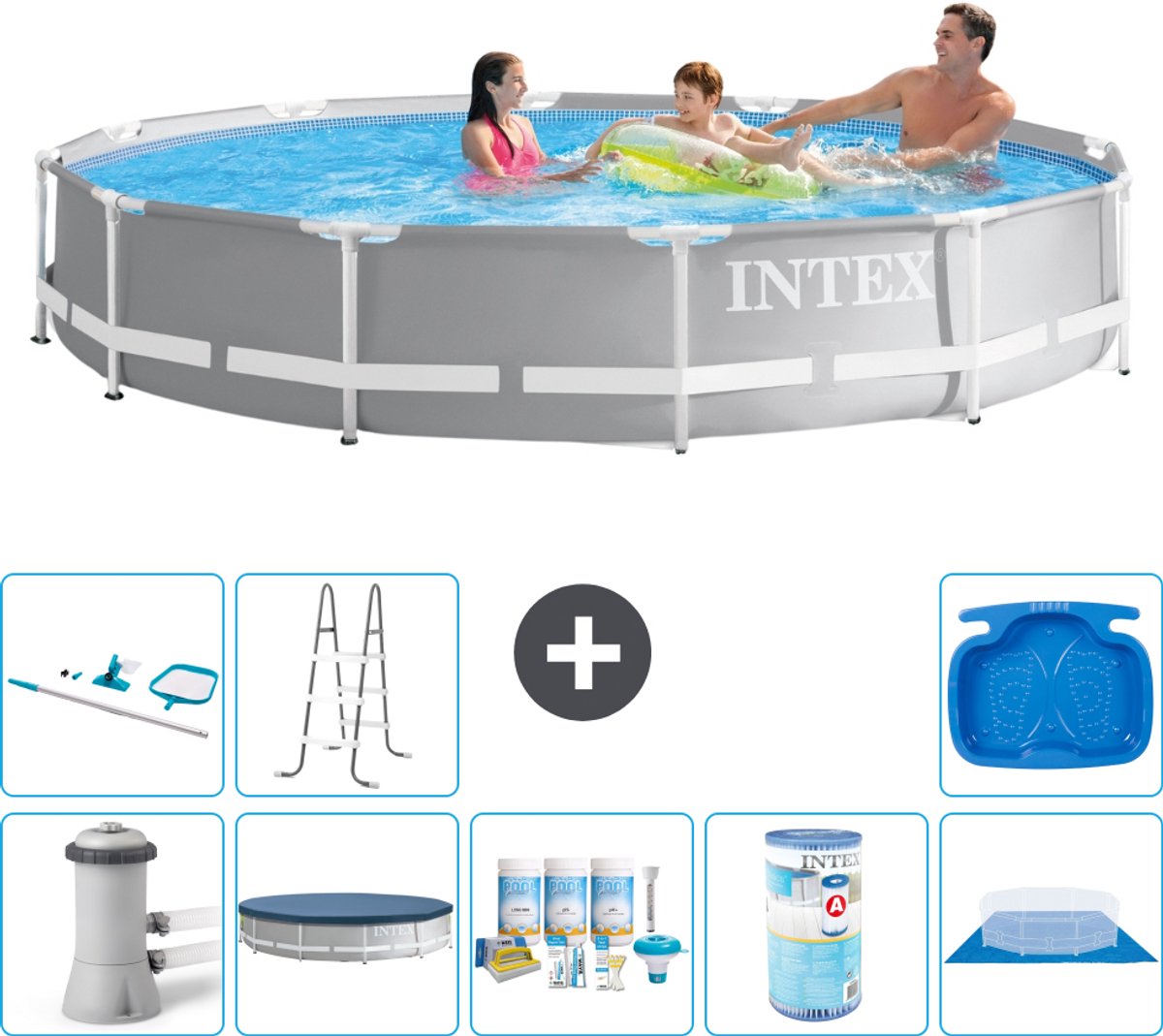 Intex Rond Prism Frame Zwembad - 366 x 76 cm - Grijs - Inclusief Pomp - Afdekzeil - Onderhoudspakket - Filter - Grondzeil - Schoonmaakset - Ladder - Voetenbad - 9-delig