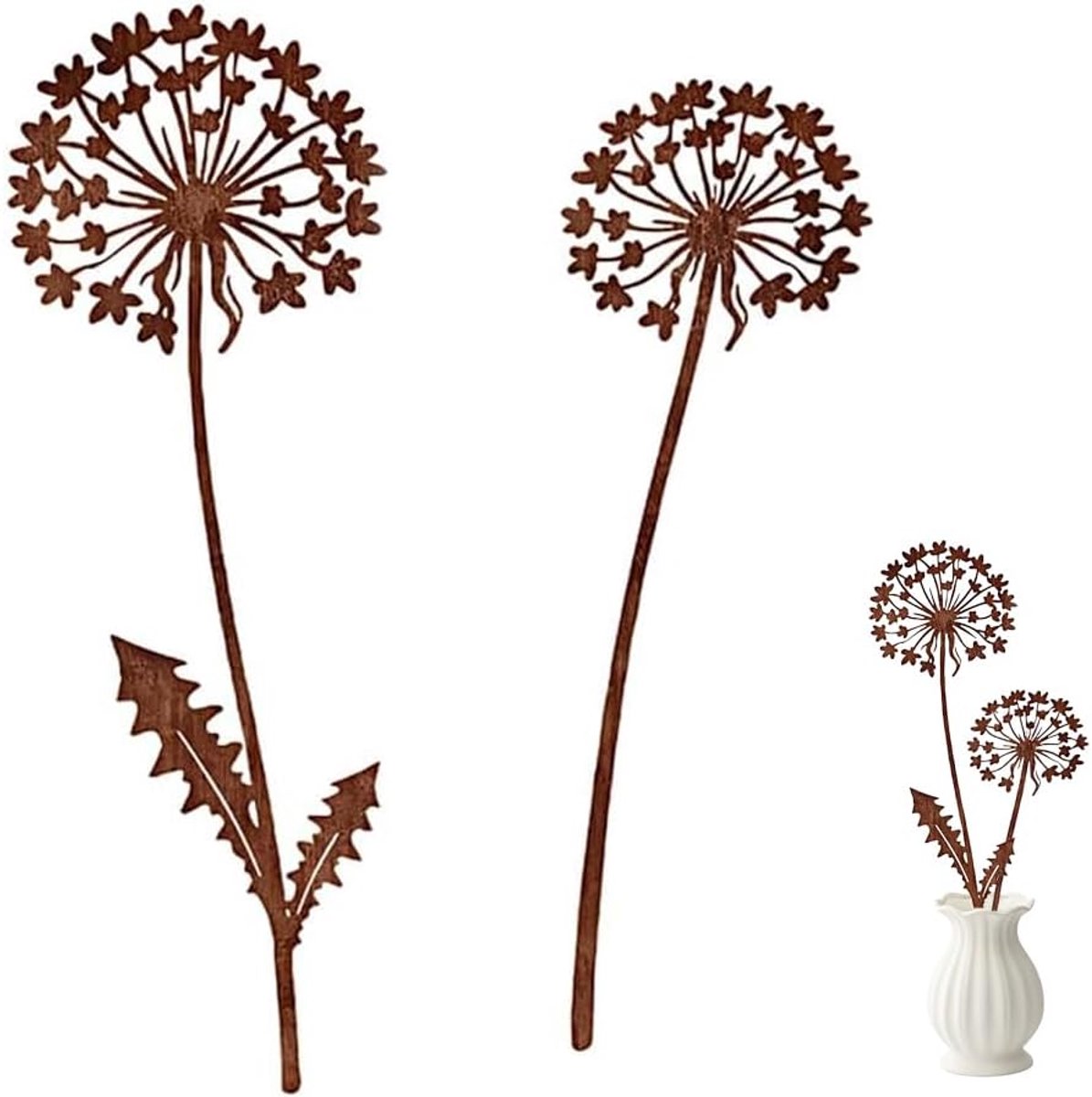 SnelShoppen - Pack van 2 Tuinstokken Dandelion, Roestkleurige Tuindecoratie van Metaal, Weerbestendig voor Buiten, Perfect voor Tuin, Balkon en Patio,