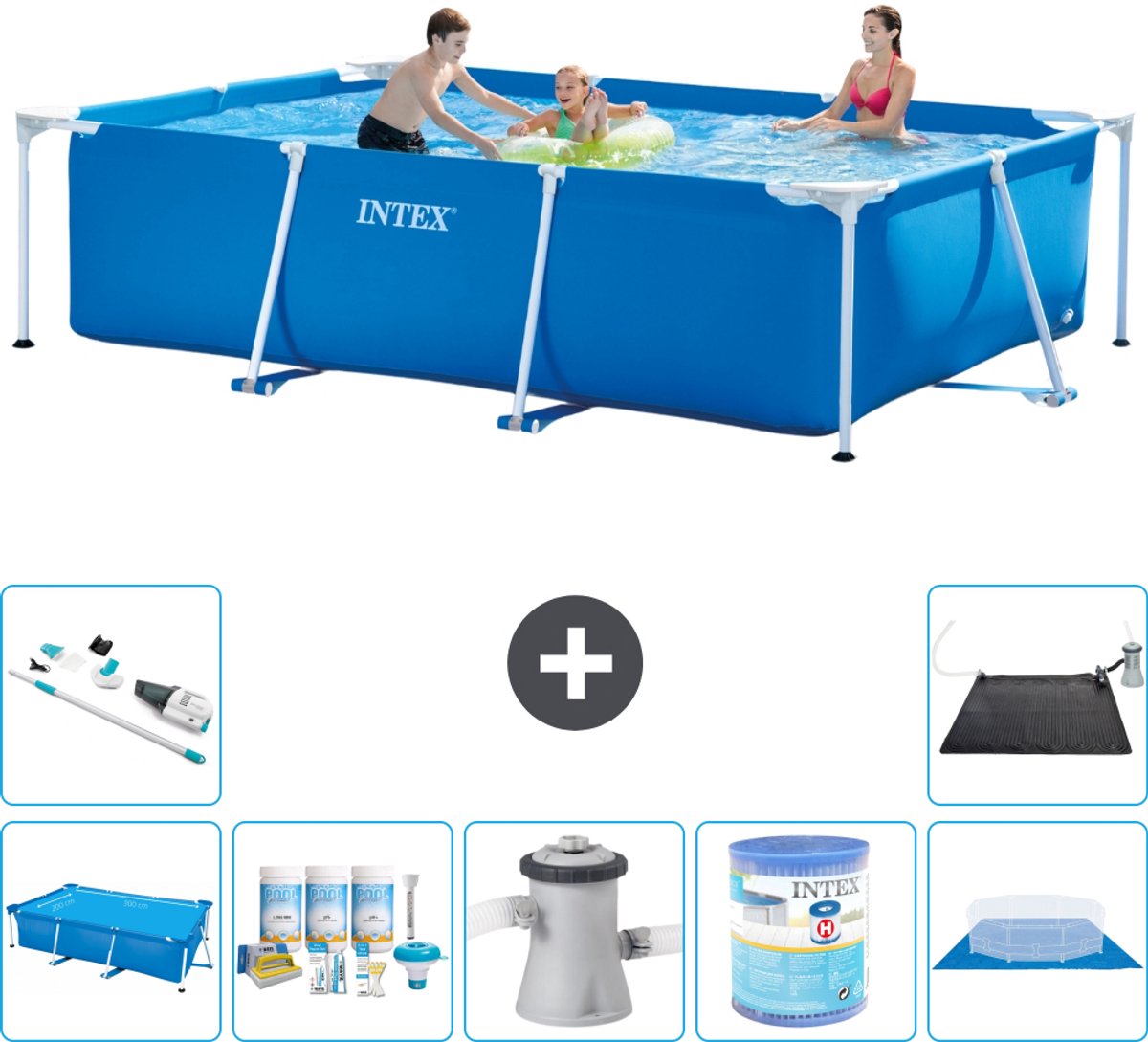 Intex Rechthoekig Frame Zwembad - 300 x 200 x 75 cm - Blauw - Inclusief Solarzeil - Onderhoudspakket - Zwembadfilterpomp - Filter - Grondzeil - Stofzuiger - Solar Mat - 8-delig