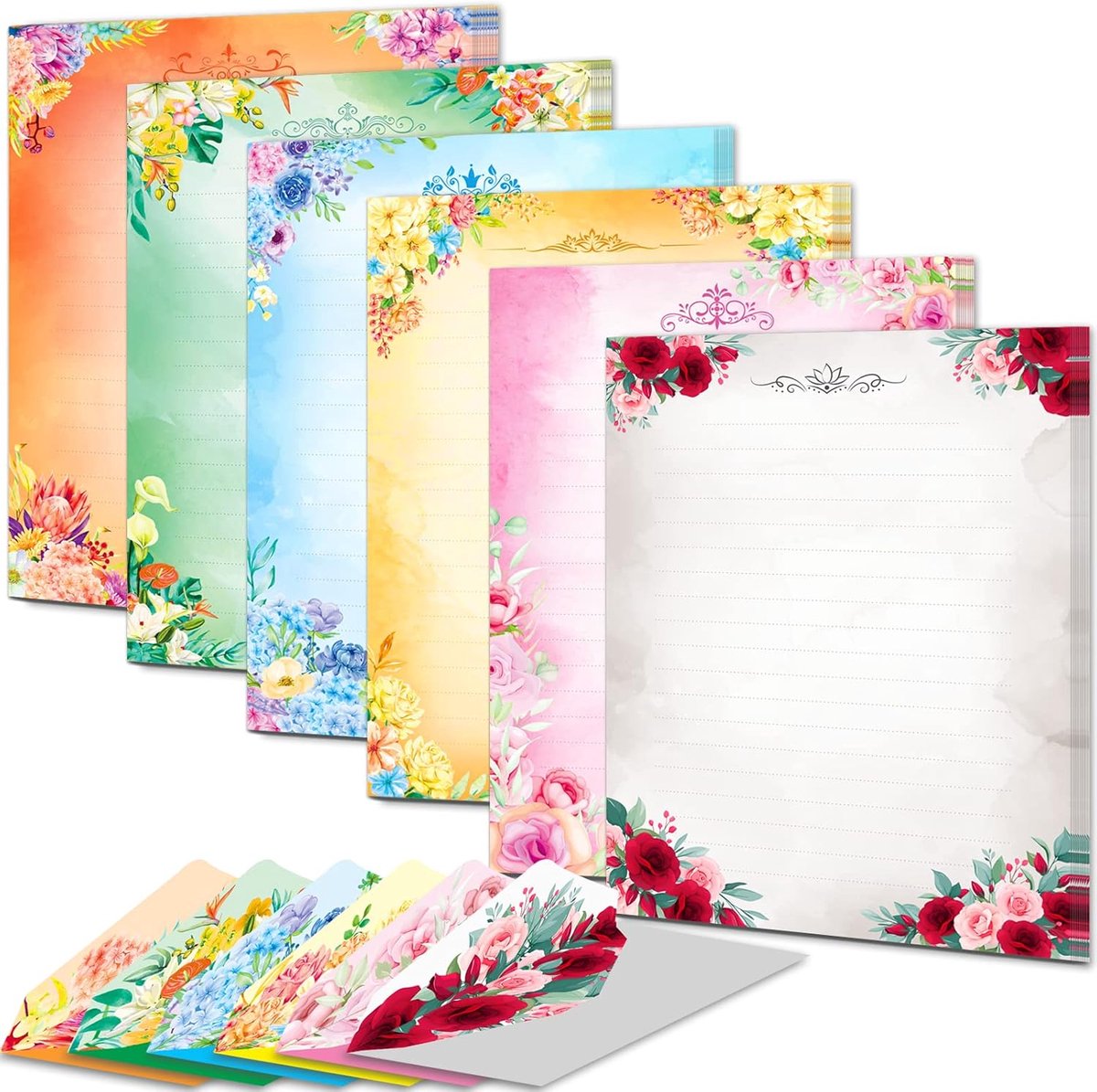 SnelShoppen - Schattig Schrijfpapier en Enveloppen Set - 48 Vellen Dubbelzijdig Gekleurd, 24 Zelfklevende Enveloppen, Kawaii Stationery met Bloemen -