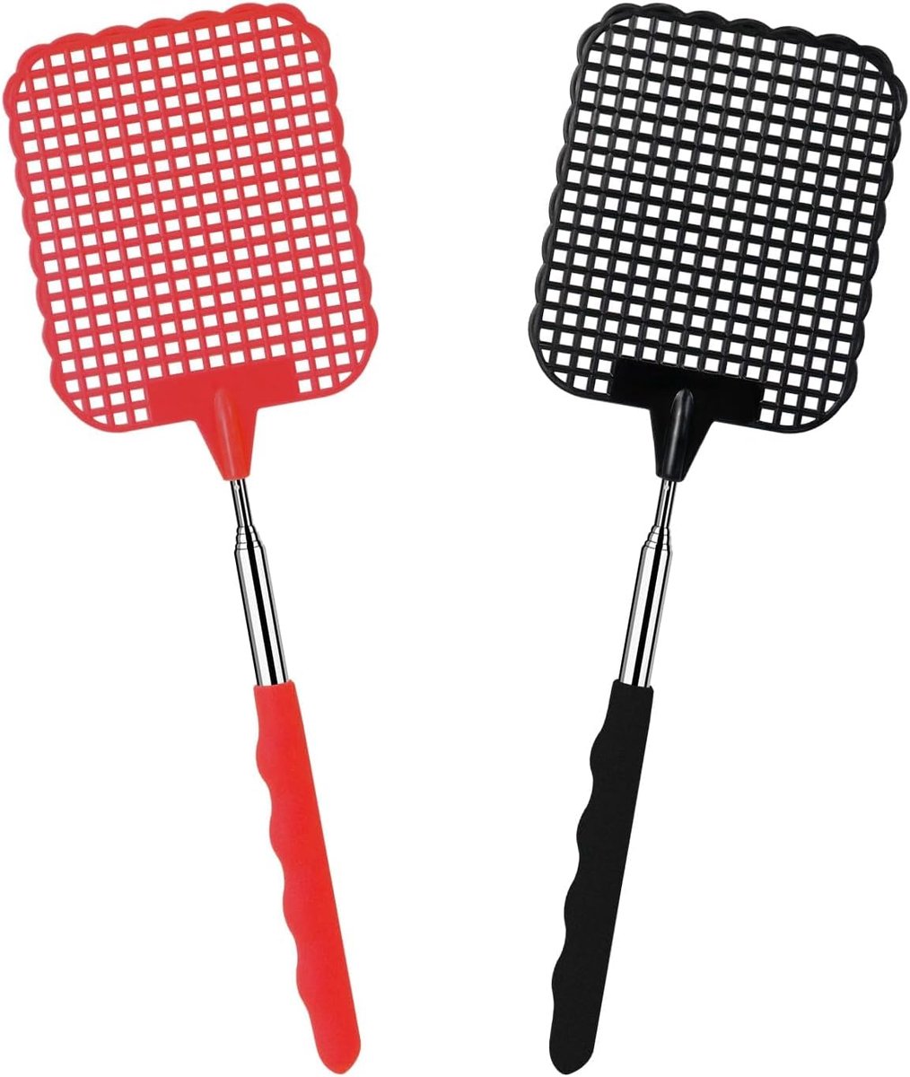 SnelShoppen - Pack van 2 Handmatige Vliegenmeppers - Stevige Plastic Vliegenmeppers - Vliegenbeschermer voor Vliegen, Muggen en Insecten (Zwart + Rood