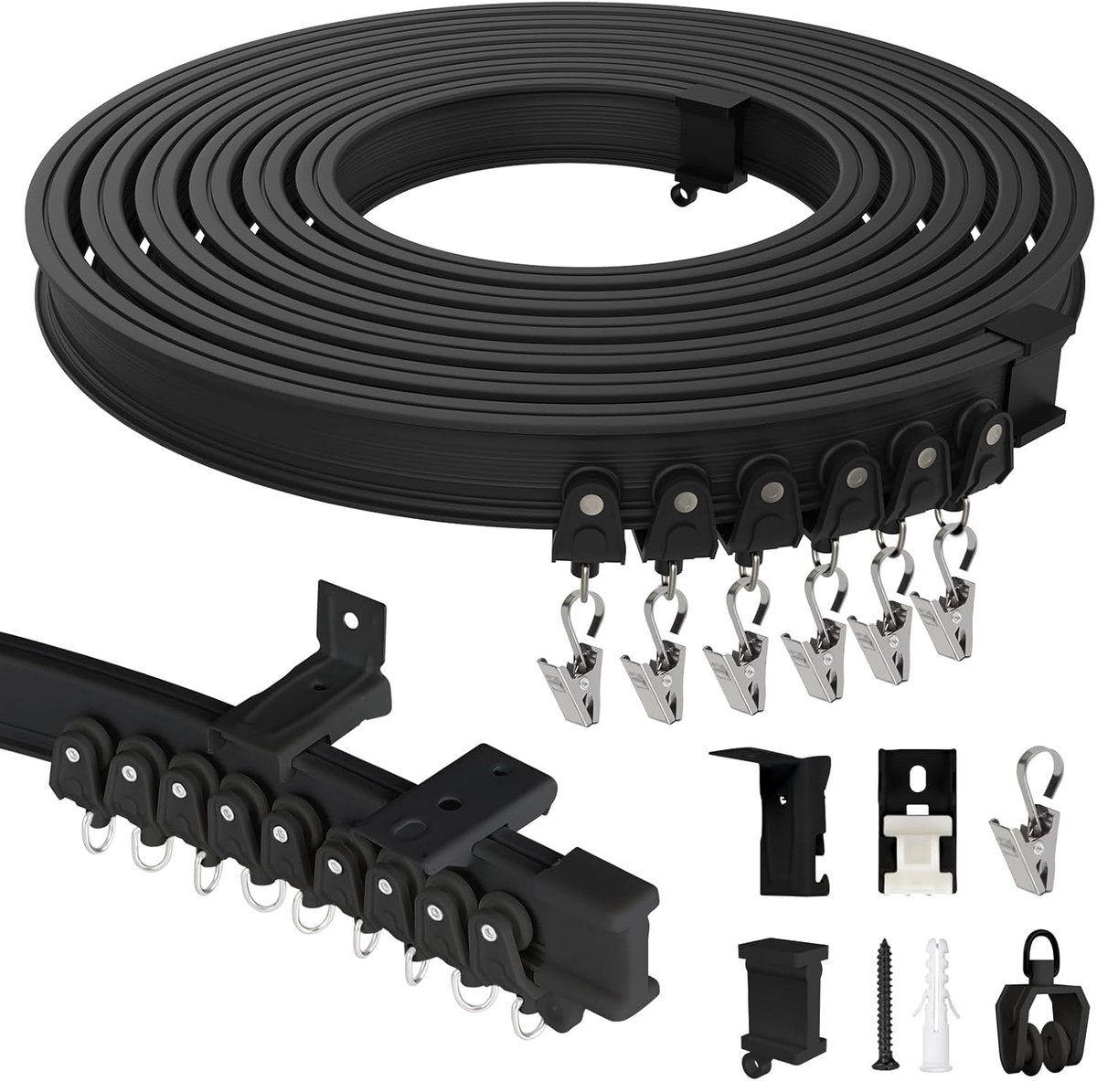 SnelShoppen - 10m Flexibele Gordijnrail met Stille Riempulley voor Ruimte Scheiding, Balkon, Caravan, Kantoor, Zwart - Inclusief Bevestigingsmateriaal