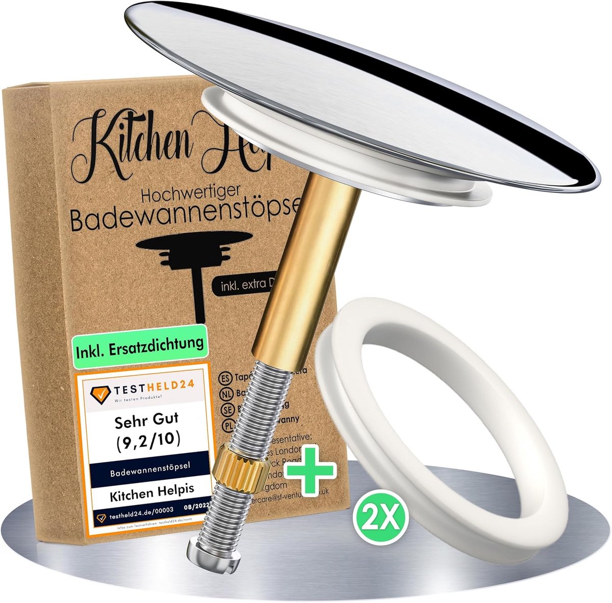 SnelShoppen - Luxe Badstopper Ø 72 mm, RVS, Hoogte Verstelbaar, Universele Badplug voor Standaard Badkuipen, 100% Lekvrij met 2 Dubbele Dichtingen