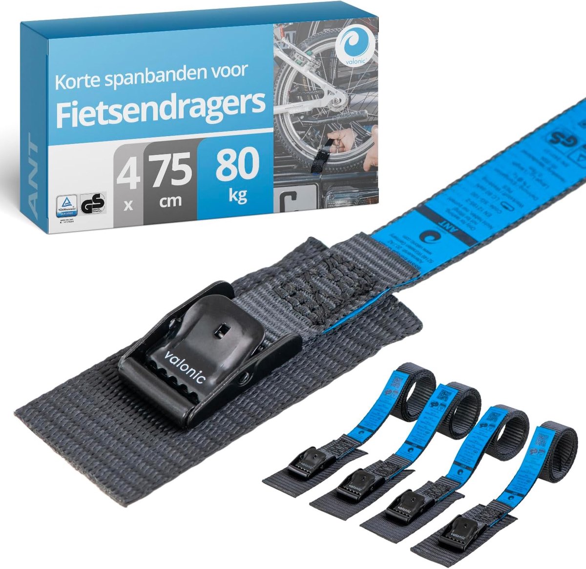 SnelShoppen - 4 x 75 cm Korte Spanbanden 19 mm 80 kg Gevoerd TÜV GS Gecertificeerd - Fietsendrager, Dakkoffer, Kajak - Zwart - Verstelbare Vastzetband