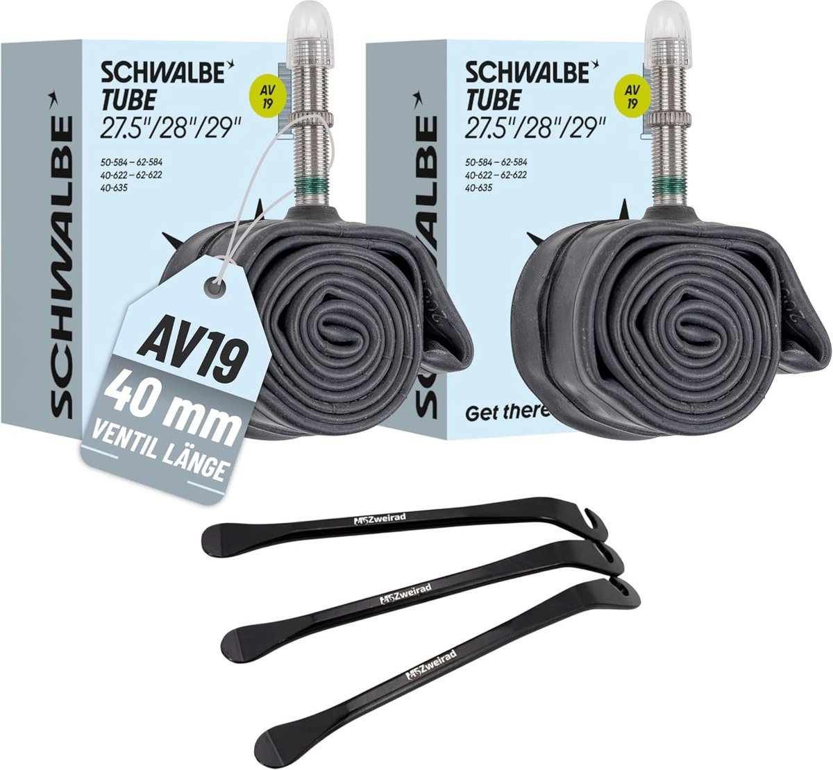 SnelShoppen - Fietsonderdeel Set van 2 Binnenbanden 27.5 28 29 Inch met 40 mm Ventiel & 3 Tyre Levers - Ideaal voor Reparatie en Onderhoud