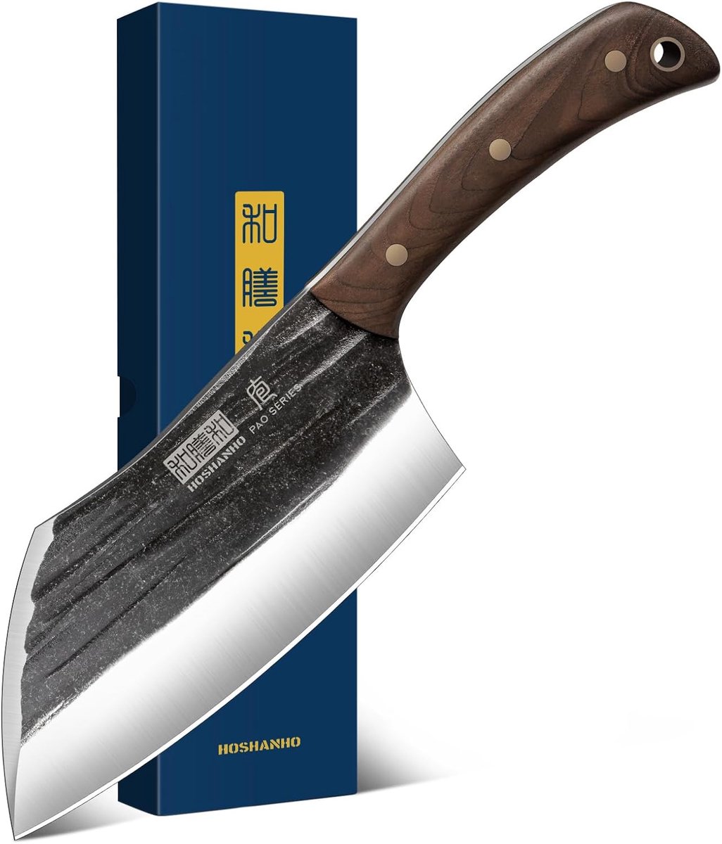 SnelShoppen - 6" Handgesmeed Vlees- en Groentemes, Multifunctionele Butcher Knife voor Keuken, Camping, Buiten koken, Inclusief Dubbelzijdig Snijblad
