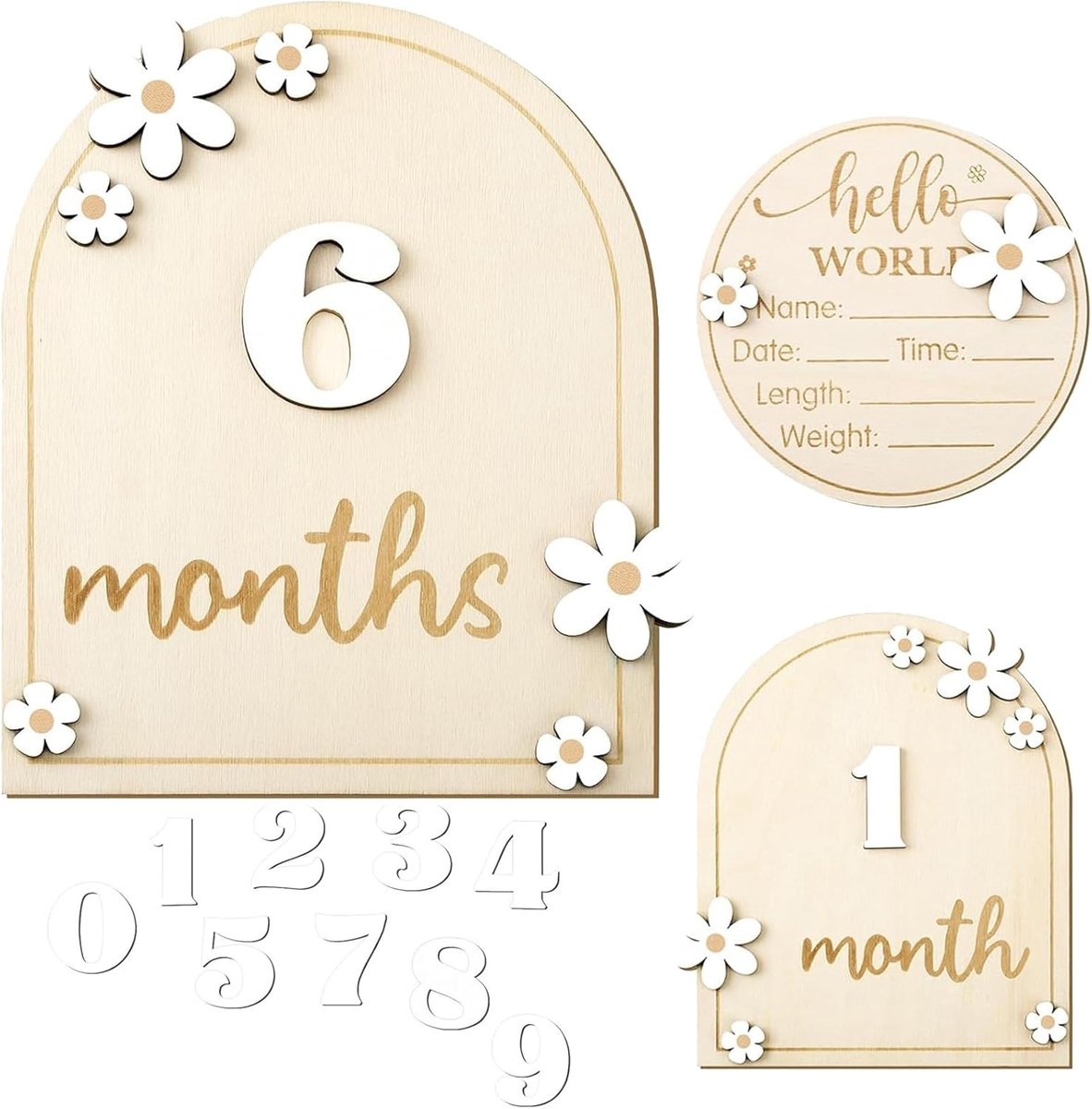 SnelShoppen - Maandelijkse Baby Mijlpaalkaarten met Houten Verjaardagsbadges - Unisex Milestone Cards voor 0-12 Maanden - Stijlvol en Duurzaam MDF Hou