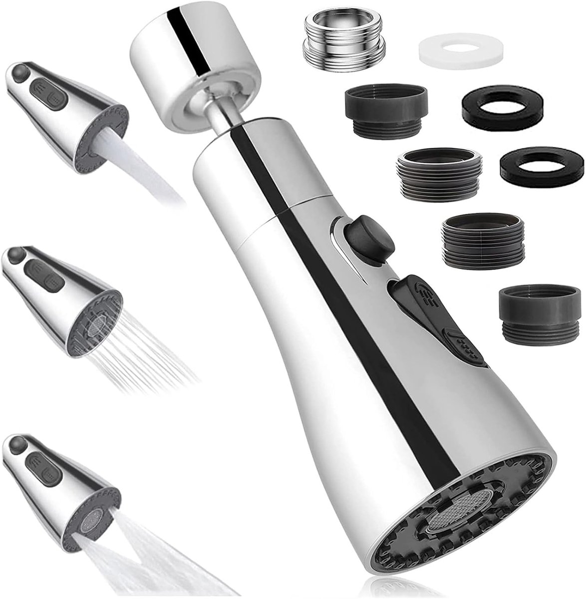 SnelShoppen - 360° Draaiende Keuken Kraan Accessoire met Spray Nozzle en 3 Functies - 4-Lagen Filtratie en 6 Adapters voor Keuken en Badkamer (Zilver)