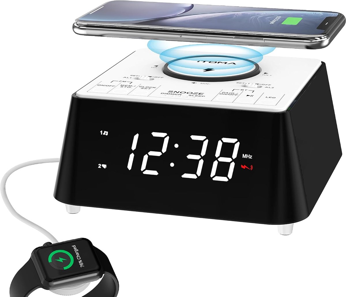 SnelShoppen - Draadloze Oplaadbare Alarmklok Radio met Bluetooth Speaker, FM Radio, Dubbele Alarm met Snooze, USB Opladen, Nachtlampje en Dimbare Disp