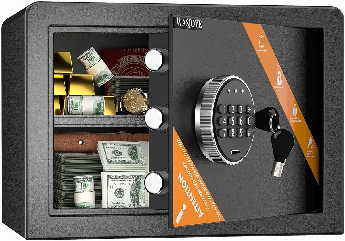 SnelShoppen - 25 Litre Kluis met Combinatieslot en Sleutel, Elektronische Digitale Geldcassette voor Thuis, Kantoor, Hotel, Bescherming van Geld, Docu