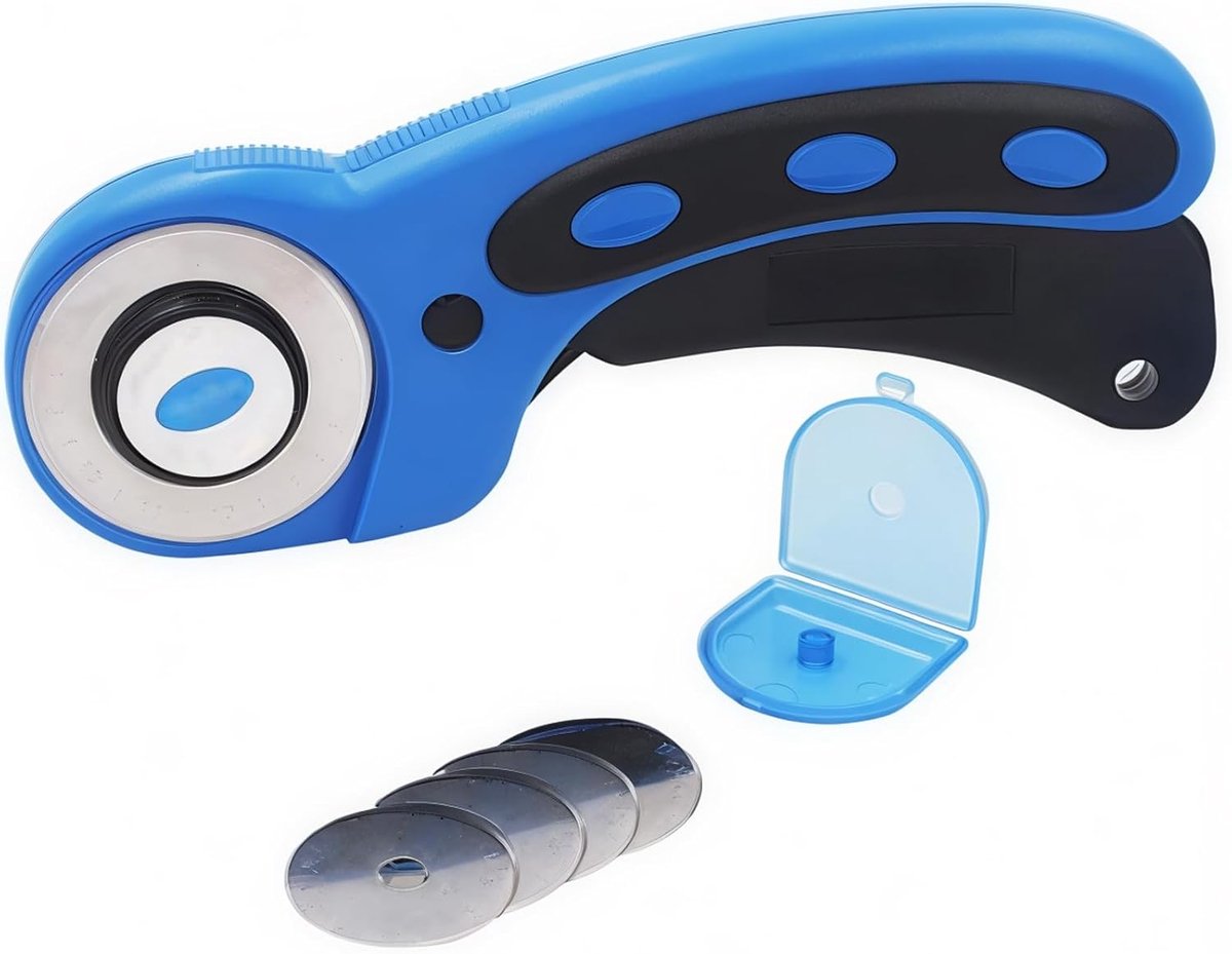 SnelShoppen - 6-in-1 Roller Cutter 45 mm Blauw, Snijgereedschap voor Stof, Karton, Papier, Leer en Quilten, Inclusief 5 Vervangende Tungsten Stalen Me