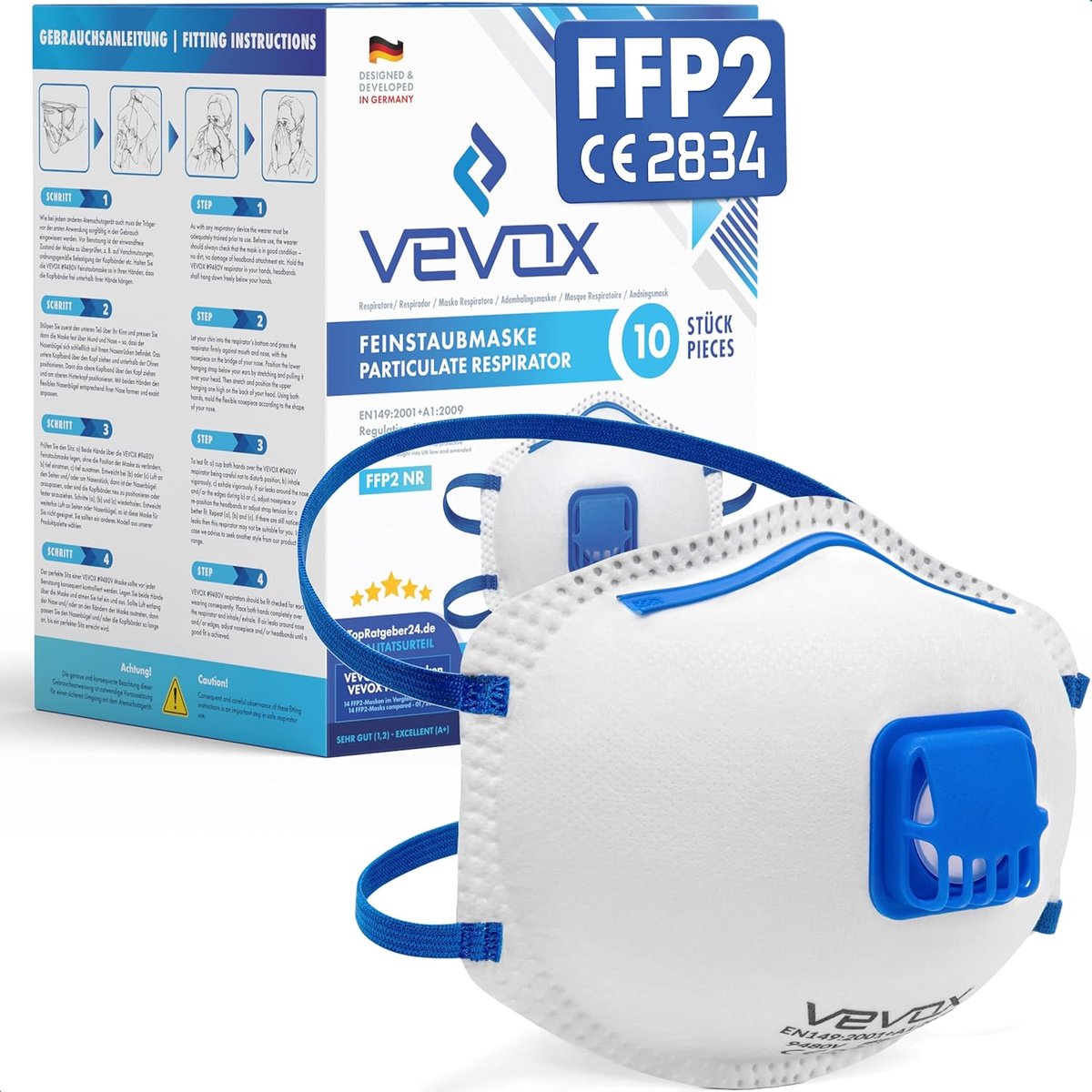 SnelShoppen - FFP2 Stofmaskers Set van 10 - Comfortabel Licht Afgedicht - FFP2 Maskers met Ventiel en Filter - Bescherming tegen Stof en Allergieën