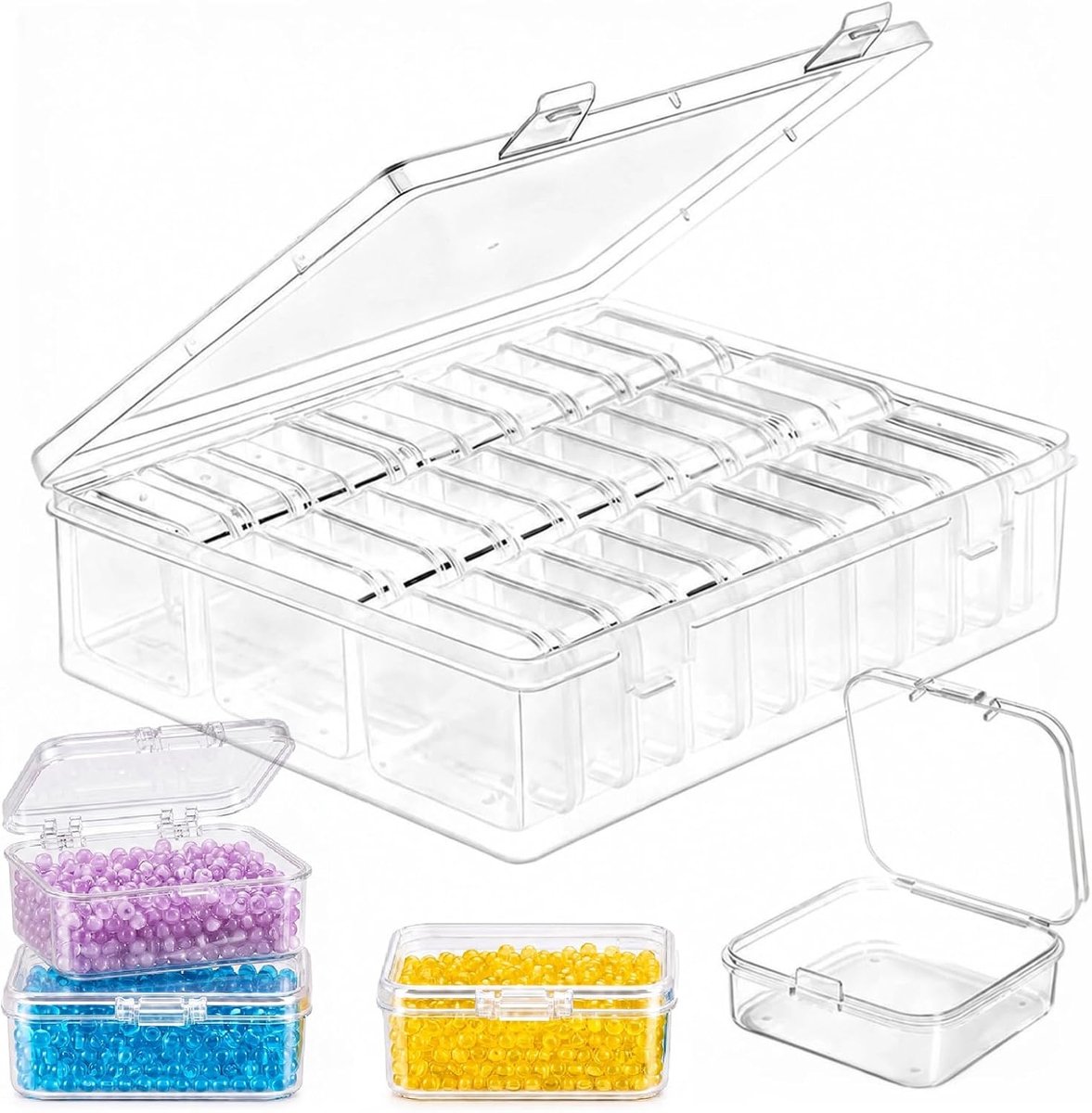 SnelShoppen - 30pcs Plastic Mini Opbergdozen - Kleine Opslagboxen voor Sieraden, Schroeven, Oordopjes - 5.5 x 5.5 x 2 cm - Met Deksel, Stapelbaar, Wat