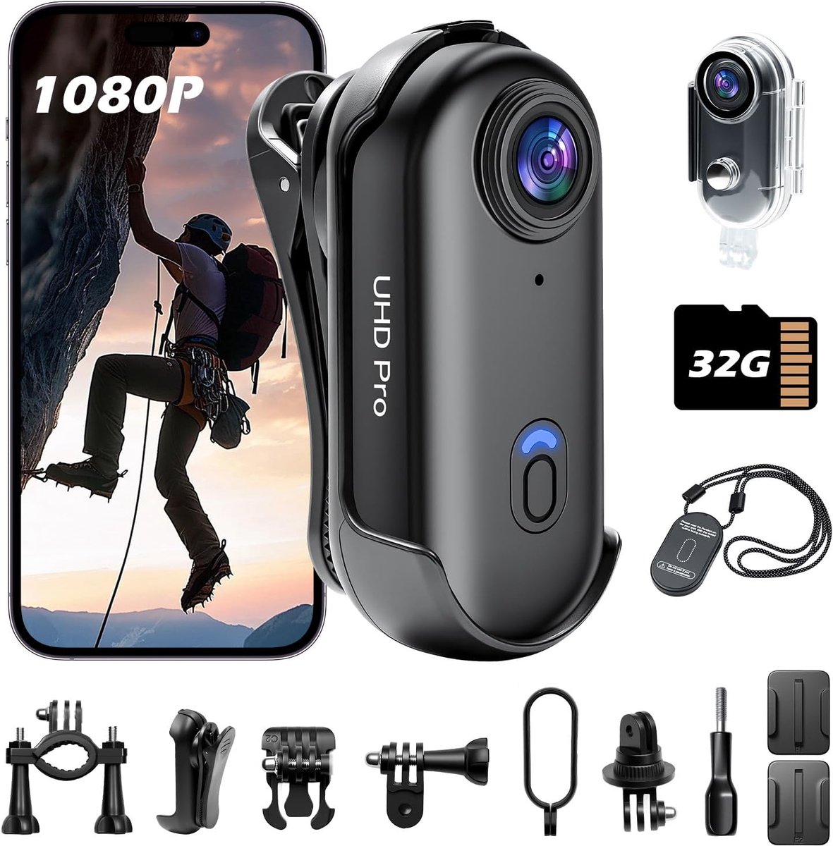 SnelShoppen - Action Cam HD1080P WiFi Mini Body Camera 32GB - 360° Sportcamera, Onderwatercamera, Helm Camera voor Avonturen, Reizen, Buiten, Huisdier