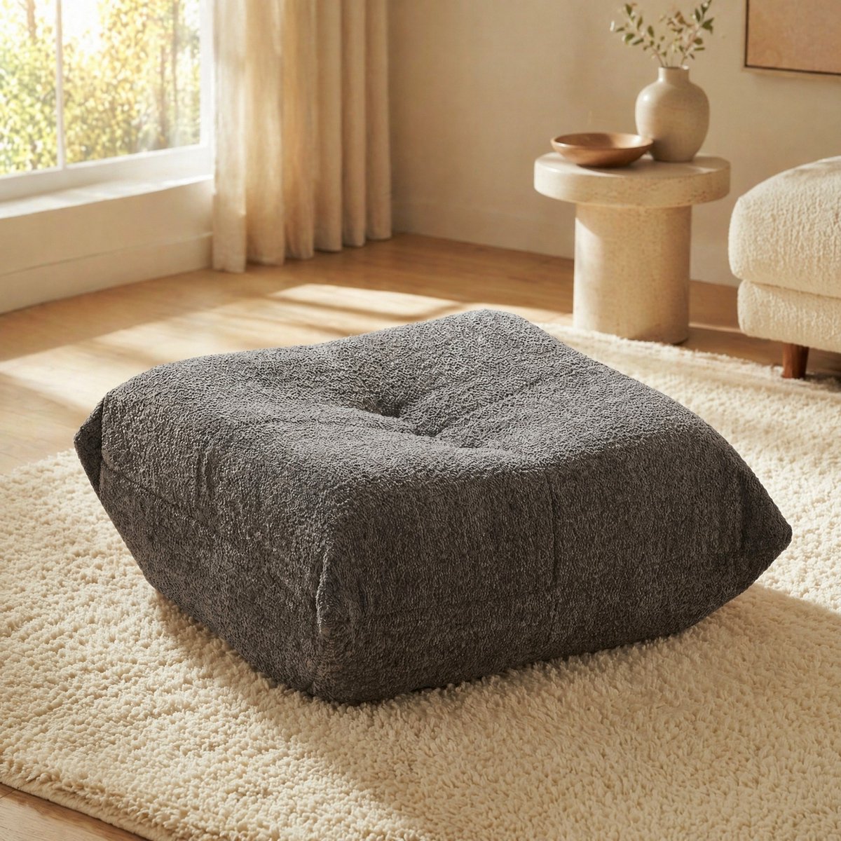 MIVRAY Voetenbankje – Antislip Onderzijde En Schuimkern – 94 x 83 x 34 cm – Stof – Grijs – Voor Woonkamer Of Hal – Knopdesign
