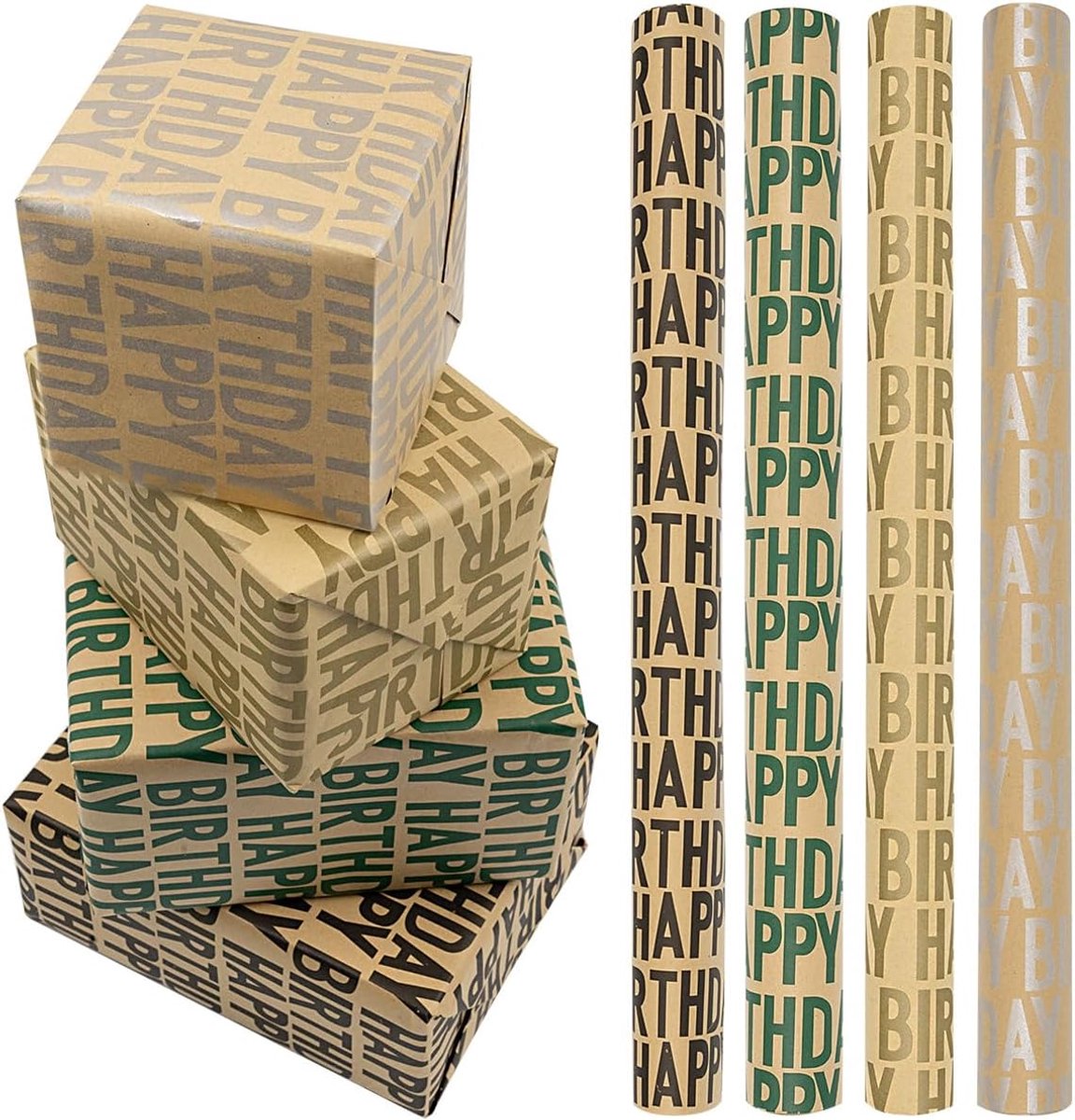SnelShoppen - Verjaardagscadeau Inpakpapier Rol, 4 Rollen 43cm x 3m, Kleurrijk Kraftpapier Print met Gelukkige Verjaardag, Perfect voor Verpakken van