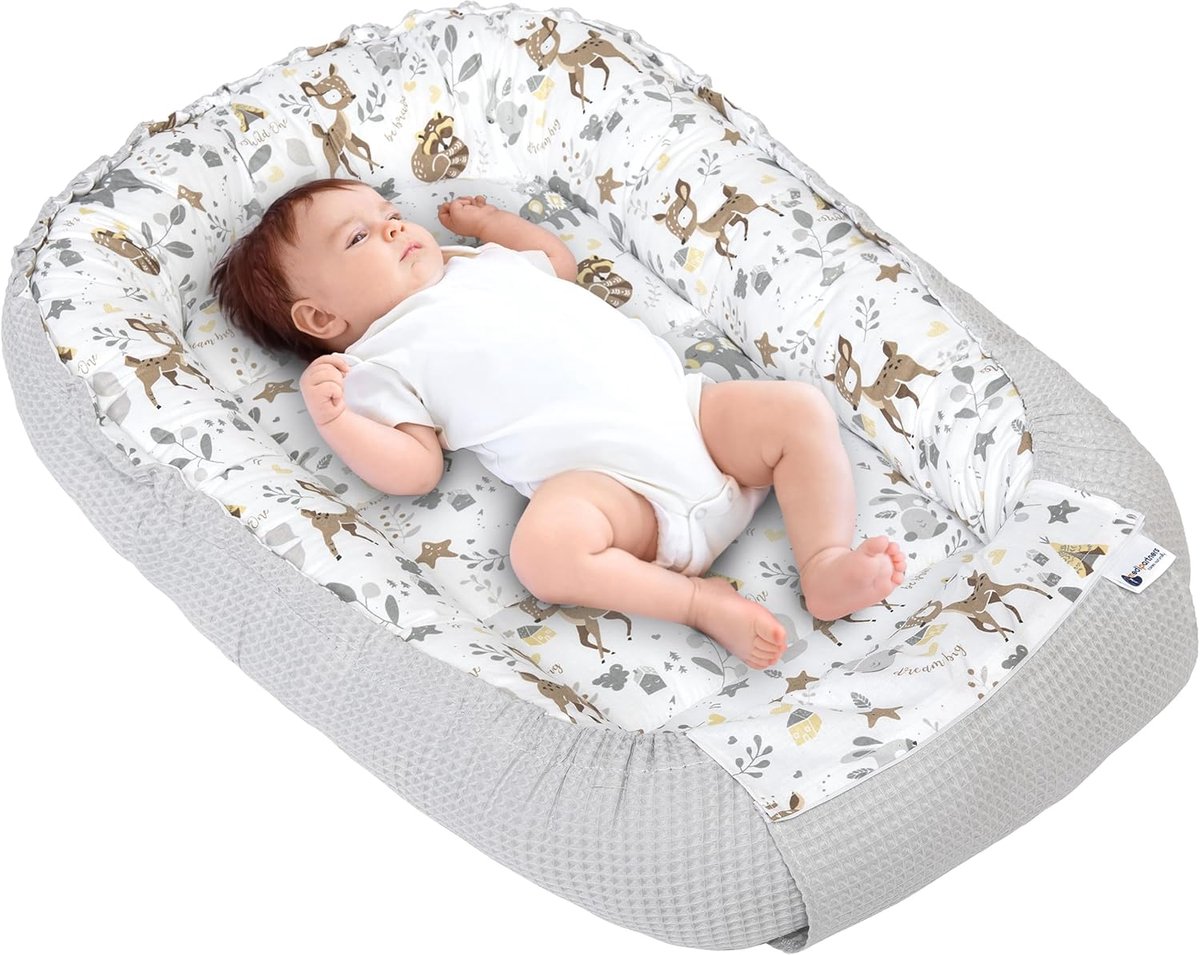 SnelShoppen - Baby Nest Cuddle Nest Waffle 100% Katoen Reisbedje voor Baby's 100x60x15cm Veilig Sluiting (Hert met Grijs Waffle)