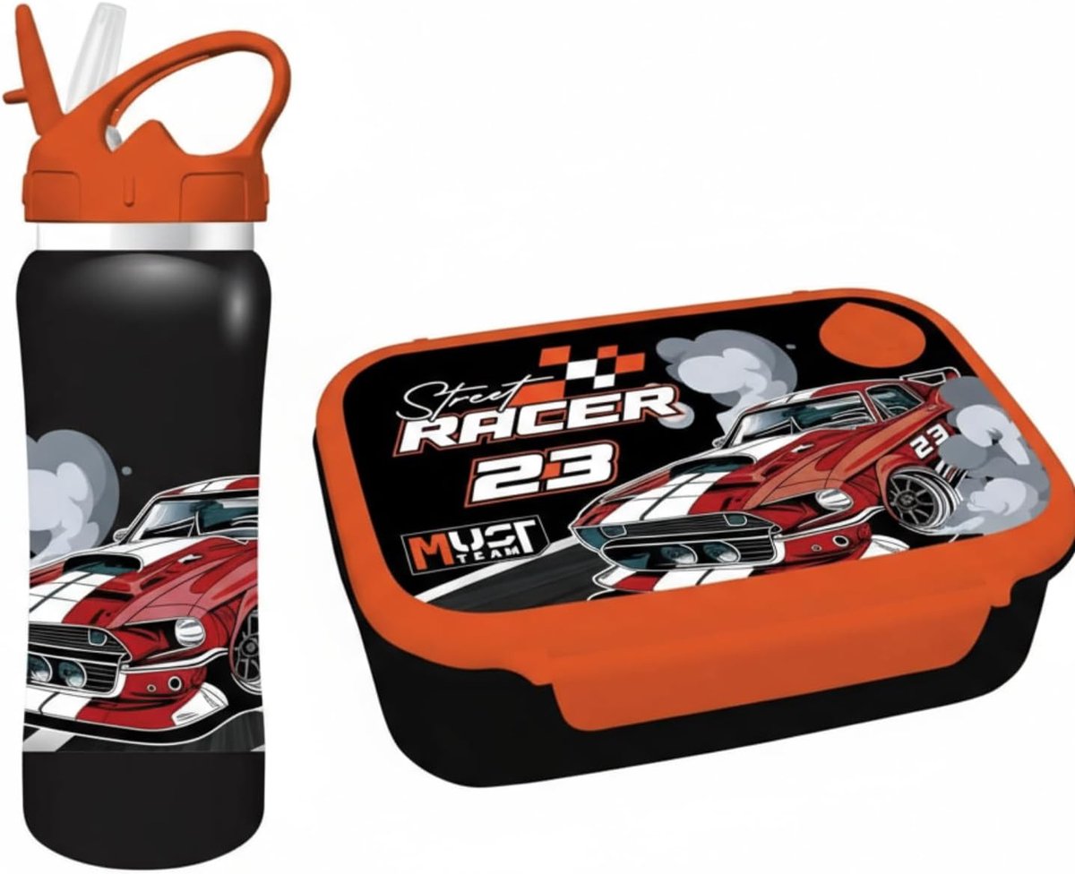 SnelShoppen - Kids Lunch Box Set met Racing Cars Design - Sandwich Box 800ml & Aluminium Water Bottle 500ml - BPA Vrij - Ideaal voor School, Piknik of