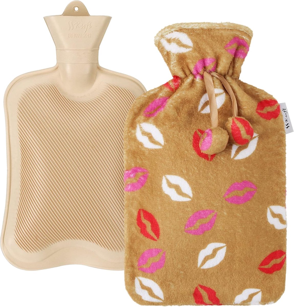 Thijox - Warmwaterkruik Rubber Natuur met Fleece Hoes 2 Liter - Beige Warmwaterkruik voor Kinderen, Zwangerschap, Pijn en Kou - Perfect voor Bed en Ba