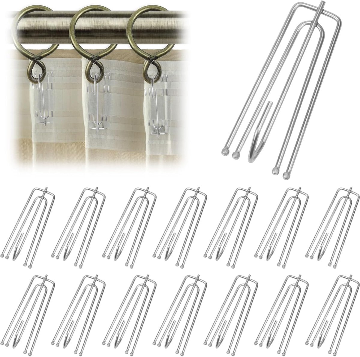 SnelShoppen - 50 Stuks RVS Gordijnhaakjes - Metalen Gordijnhaken met 4 Tanden voor Rails - Duurzaam en Corrosiebestendig - 7cm x 2.5cm