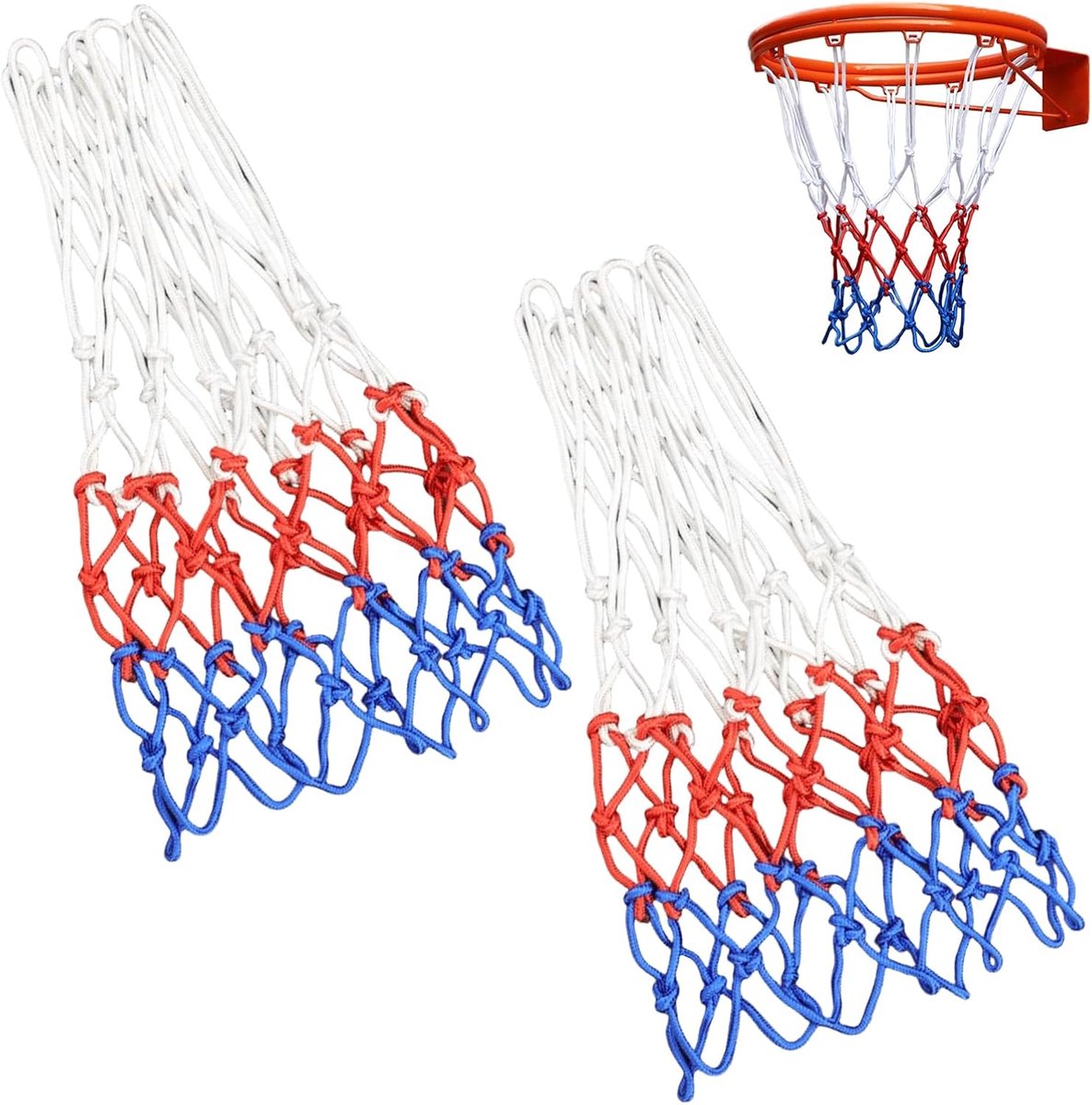 SnelShoppen - 2-delige basketball net met 12 lussen, weerbestendig nylon basketbalnet voor standaard maat, 3-kleurige vervangingsnet voor binnen en bu