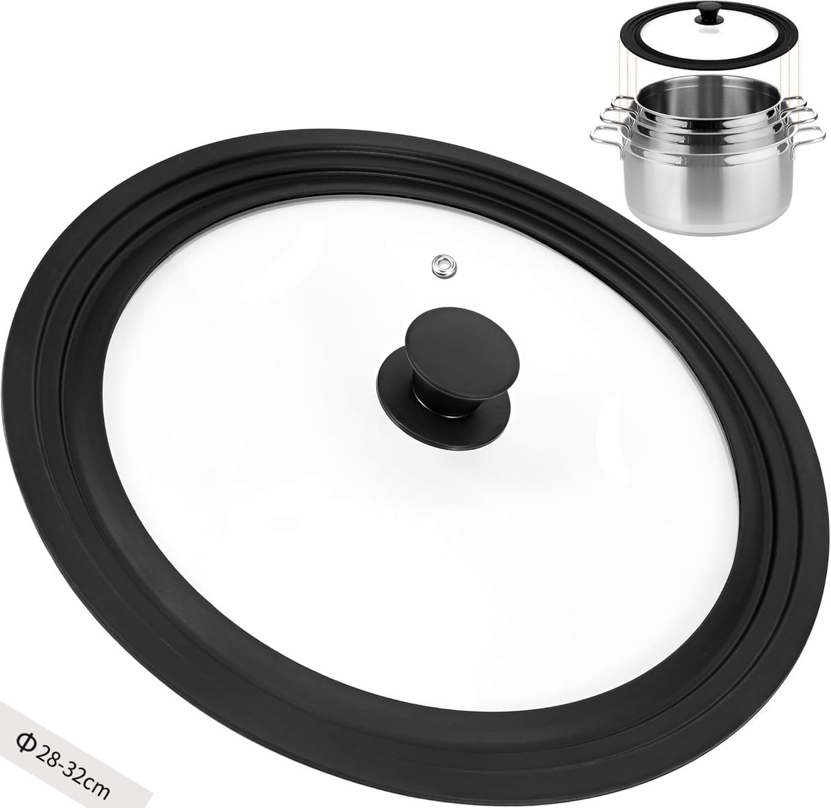 SnelShoppen - Universele Deksel voor Pannen, Potten en Koekenpannen, Siliconen Deksel voor Kookgerei 28/30/32 cm, Tempered Glas Deksel met Hittebesten