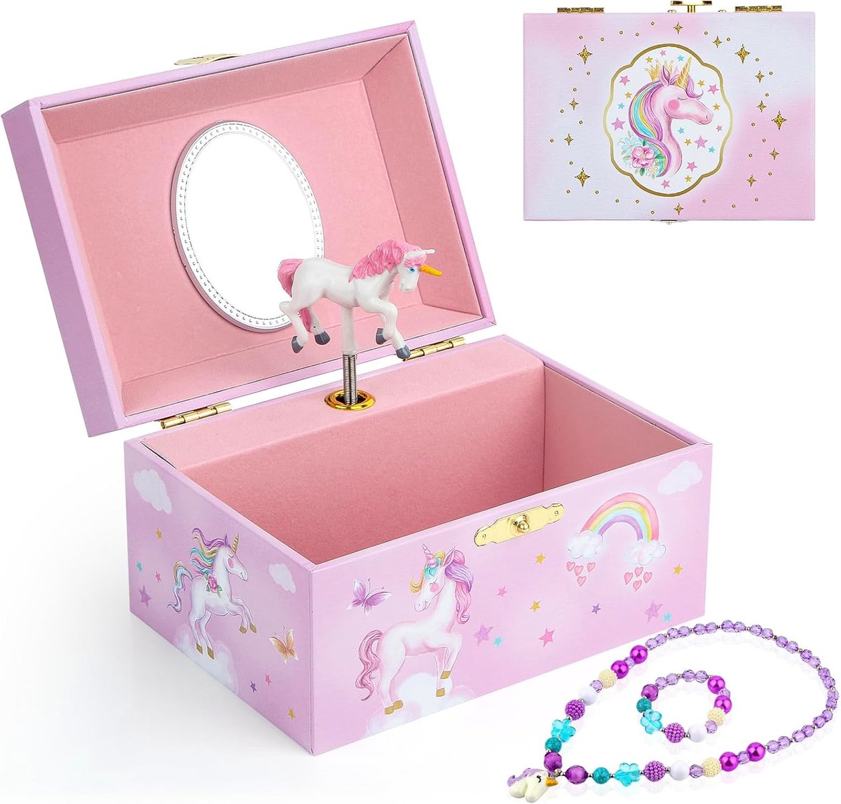 SnelShoppen - Muzikale Sieradenbox voor Meisjes met Eenhoorn Sieraden Set, Kids Sieradenbox Muziekdoos met Regenboog Pony, Verjaardagscadeaus voor Mei