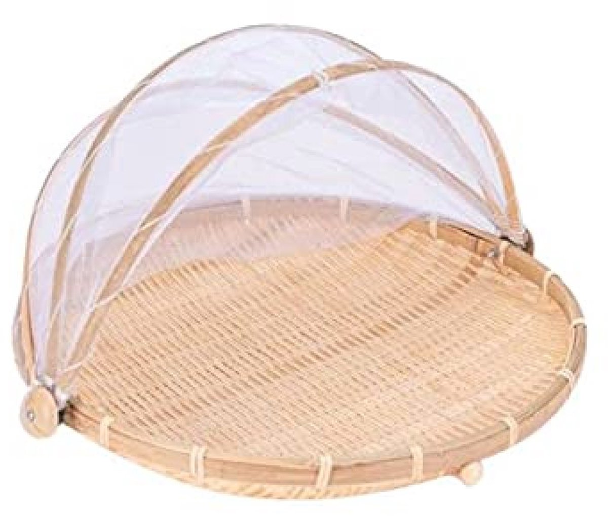 QTTVBTNA -Bamboe Mand - Fruitschaal - Picknickmand - 36 cm diameter, gevlochten bamboe, natuurlijke kleur - Met afneembaar net,vliegenbestendig en insectenbestendig - Opvouwbaar net - Voor fruit, brood en snacks - Diepte 4 cm