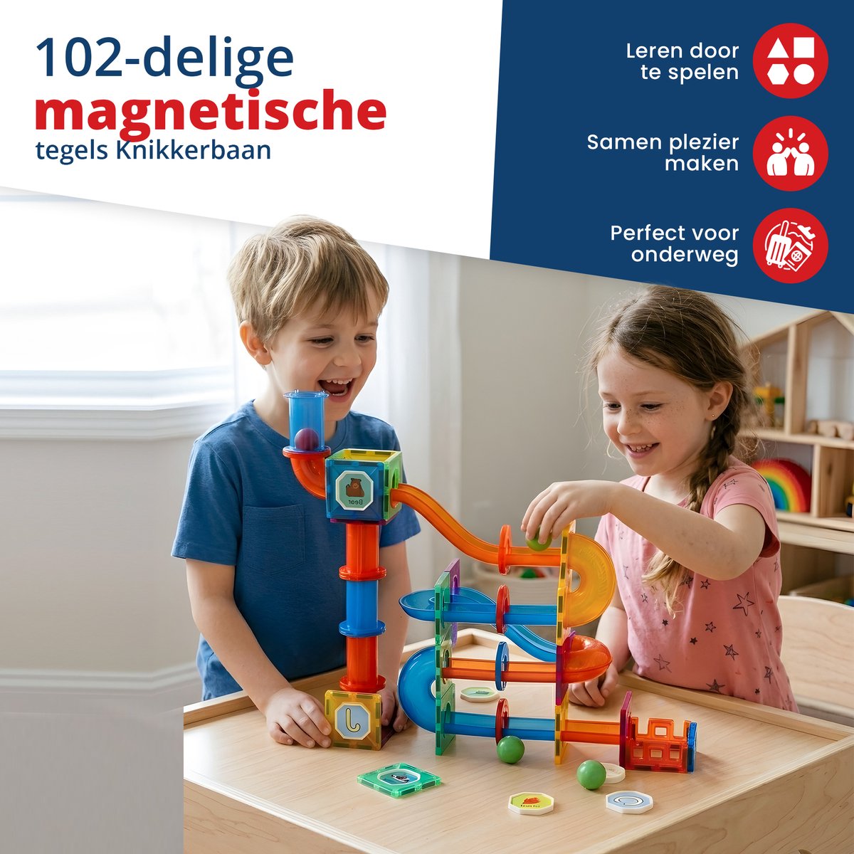 GOUDHARD® Magnetic Tiles - Magna Tiles Travel Set - Racebaan - 68 stuks - Magnetisch Speelgoed - Constructiespeelgoed - Educatief & Montessori - Magnetische Tegels - Bouwstenen - Mini - Inclusief Opbergdoos en 2 auto’s — cadeau in Spellen & Speelgoed - foto 2