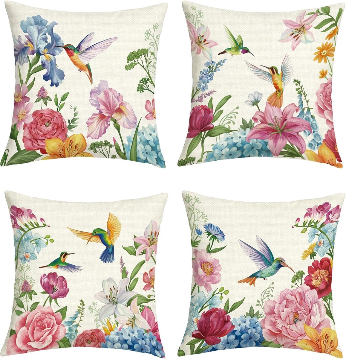 SnelShoppen - 45 x 45 cm Kussenslopen Set van 4 - Bloemen en Kolibrie Design - Polyester Linnen Kussens voor Sofa en Stoelen - Boerderij Stijl - Decor