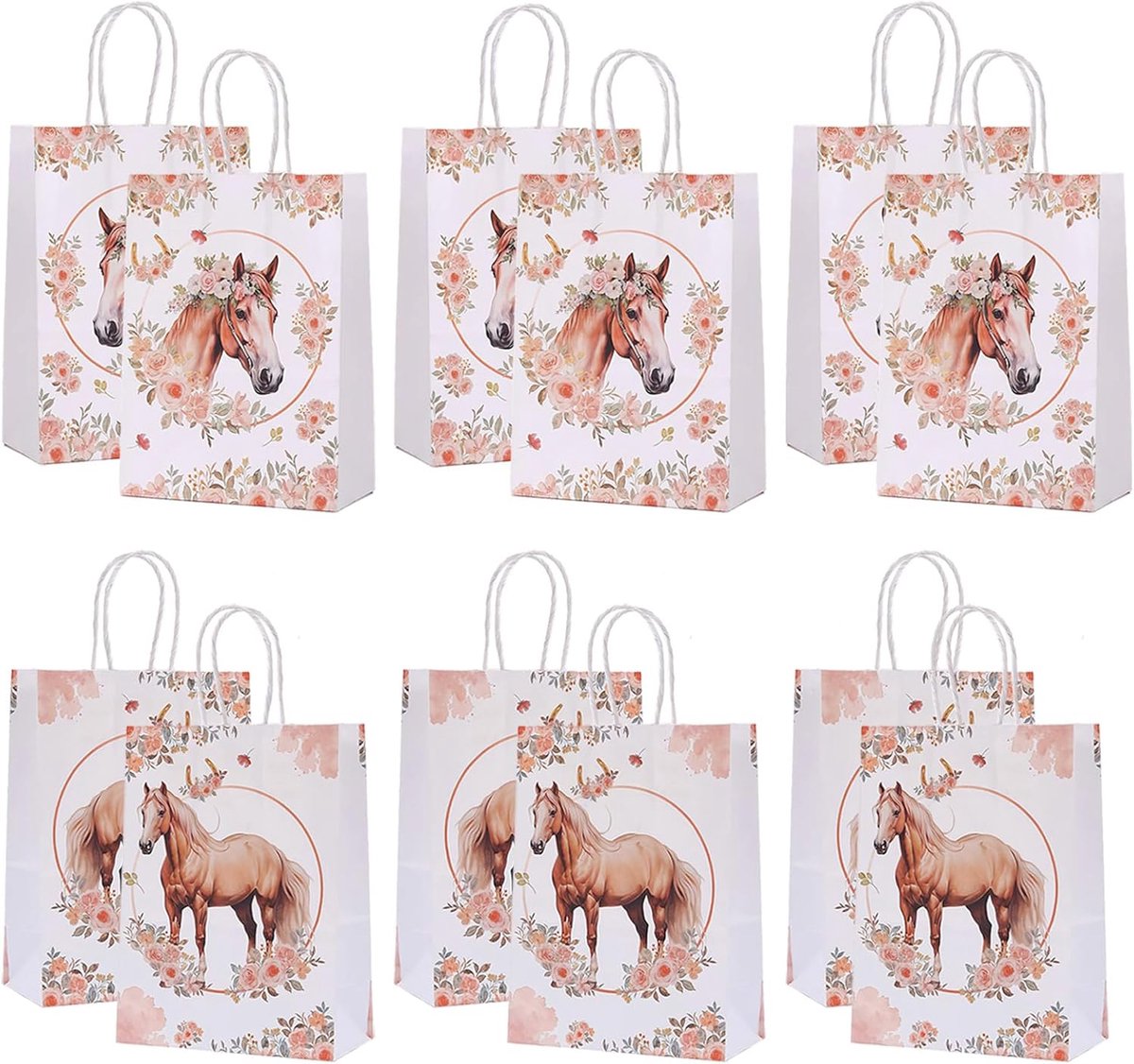 SnelShoppen - 12 Stuks Paard Cadeauzakjes, Papieren Tassen met Handvat, Verjaardag Decoratie voor Kinderen, Paardenthema Verjaardagsfeest, Herbruikbar