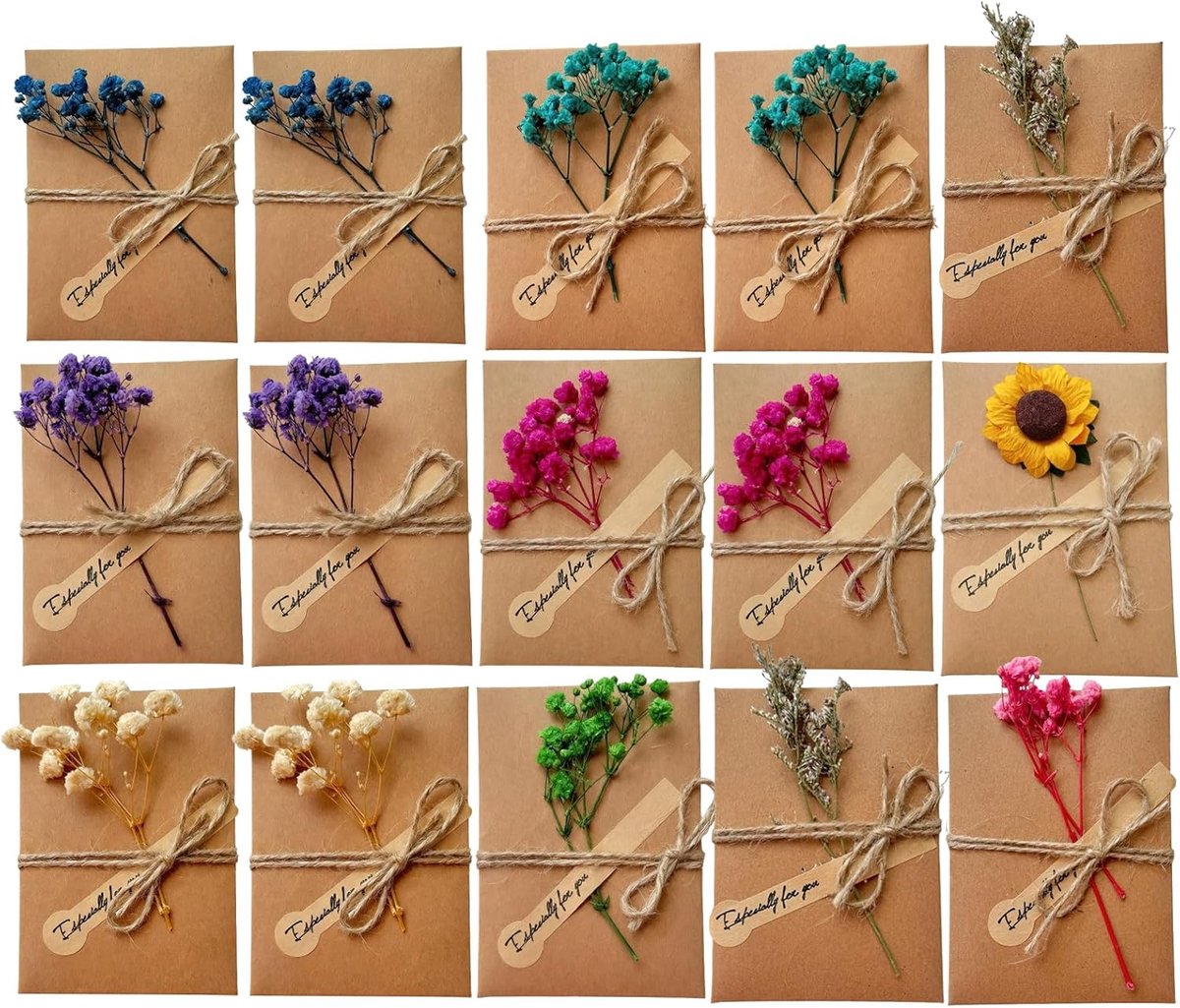SnelShoppen - Pack van 15 Retro Kraft Papier Wenskaarten met Enveloppen, Handgemaakte Postkaarten met Gedroogde Bloemen voor Bruiloften, Cadeaus en Cr