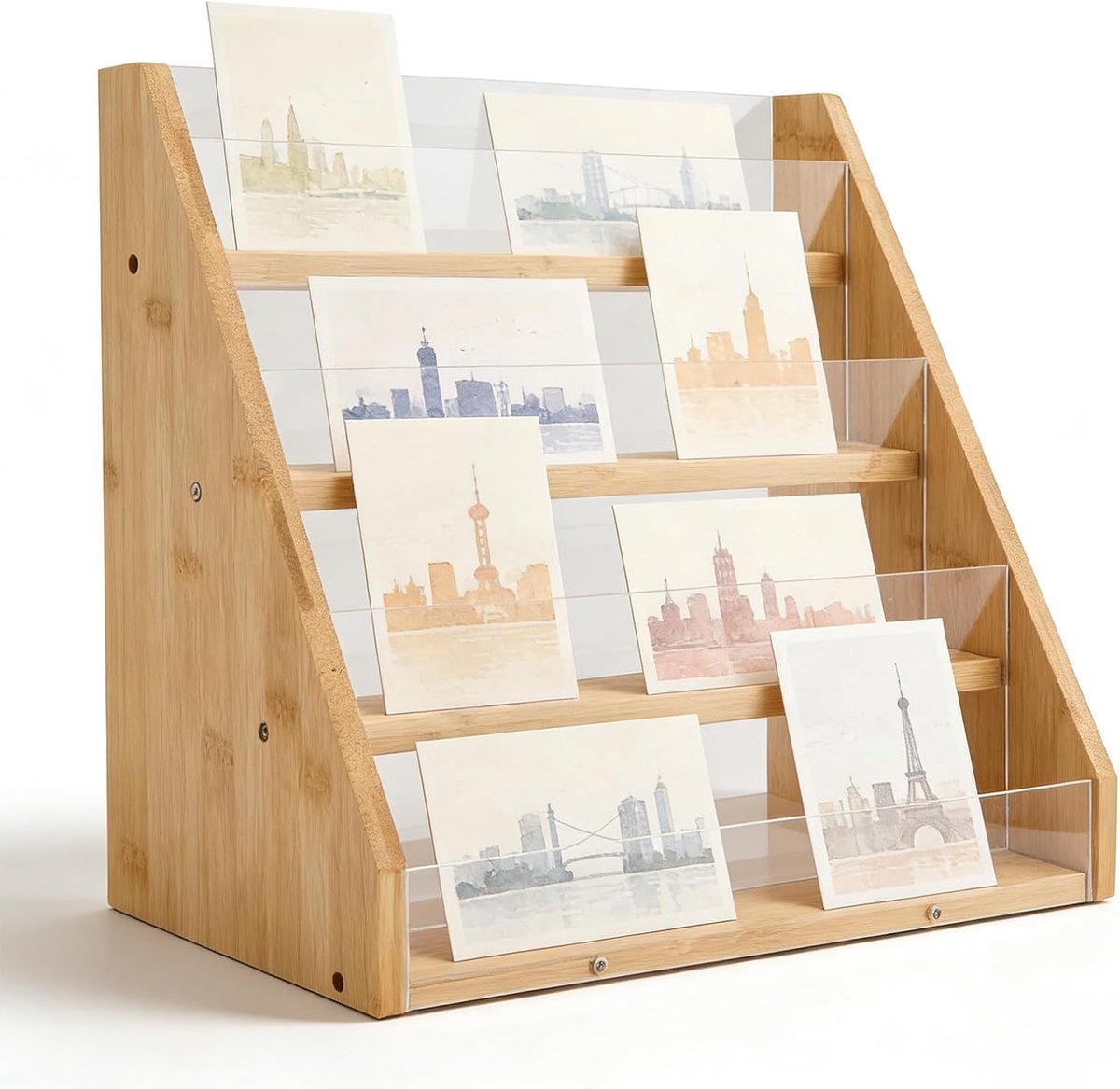 SnelShoppen - 4 Laags Display Stand voor Bamboe en Acrylaat, Portable Tafeldisplay voor Wenskaarten, Stickers, Perfect voor Winkels, Kantoren en Evene