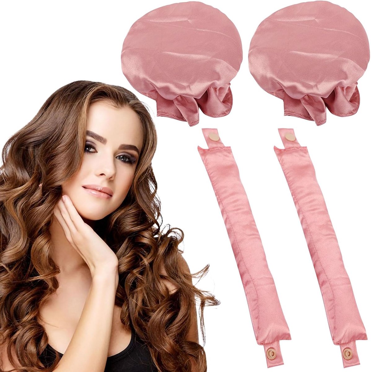 SnelShoppen - 2 Stuks Heatless Curlers - Haarloze Krulband met Haarnet voor Lang/Medium Haar - Slapen Nacht Krul DIY Haarstyling Tools (Roze)