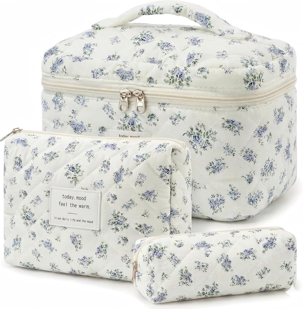 SnelShoppen - Set van 3 Dames Make-uptassen Toilettassen met Bloemenpatroon - Draagbare Wastassen voor Vrouwen en Meisjes - Groot, Stijlvol en Elegant