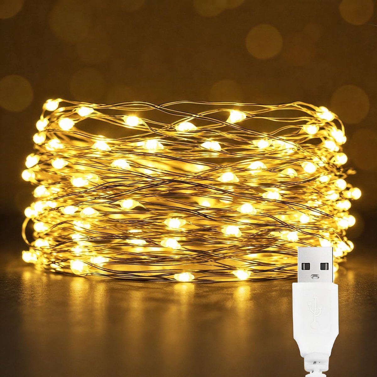 SnelShoppen - LED Fairy Lights USB 10m 100 LED Koperdraad Lichtjes Warm Wit Waterdicht voor Sfeervolle Decoratie, Kerst, Tuin, Feest en Bruiloft
