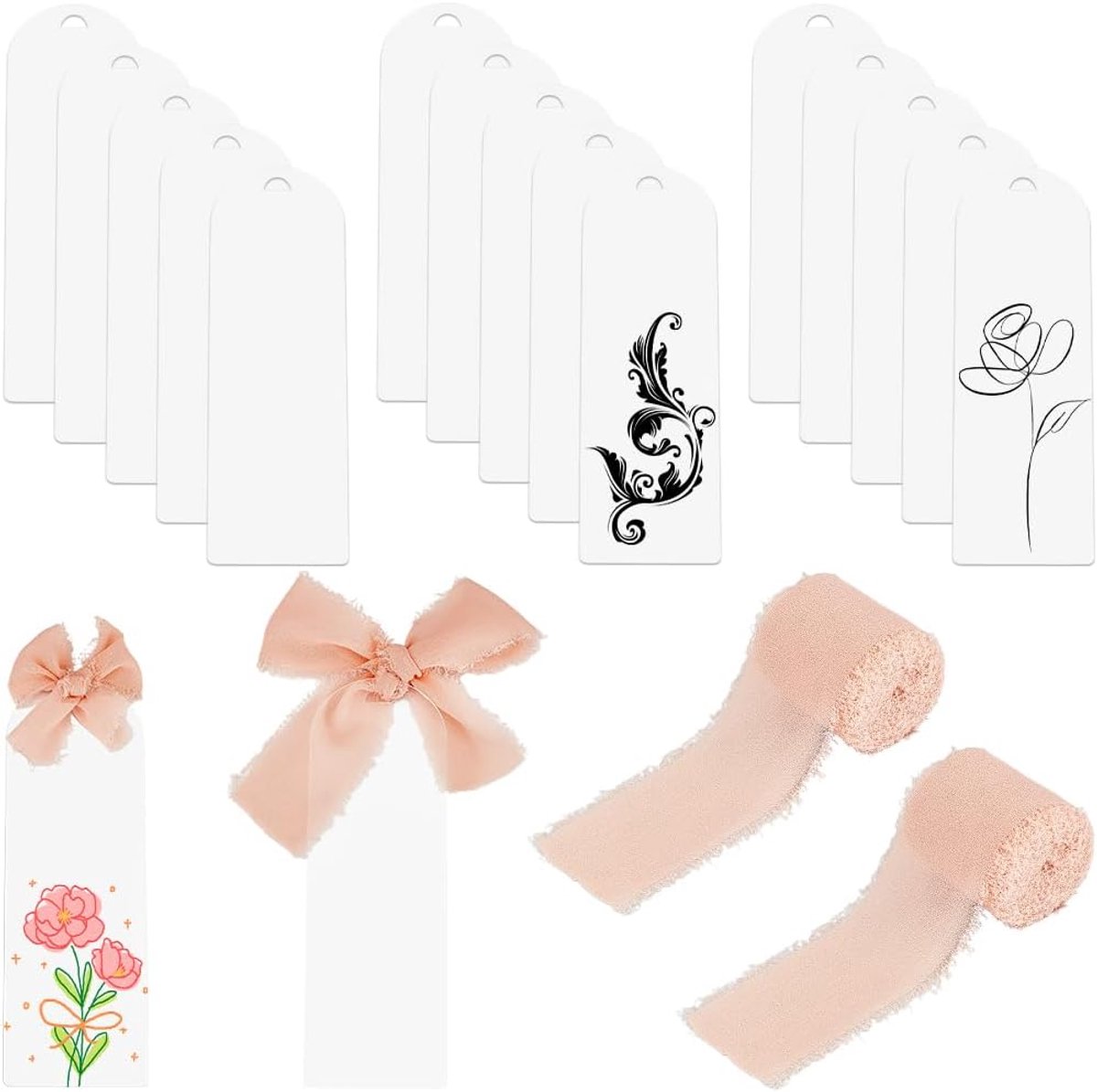 SnelShoppen - 20pcs Acryl Boekenleggers 6 x 2 Inch - Transparante Blanke Boekenleggers met 5m Polyester Ribbons voor Creatieve DIY Projecten voor Boek