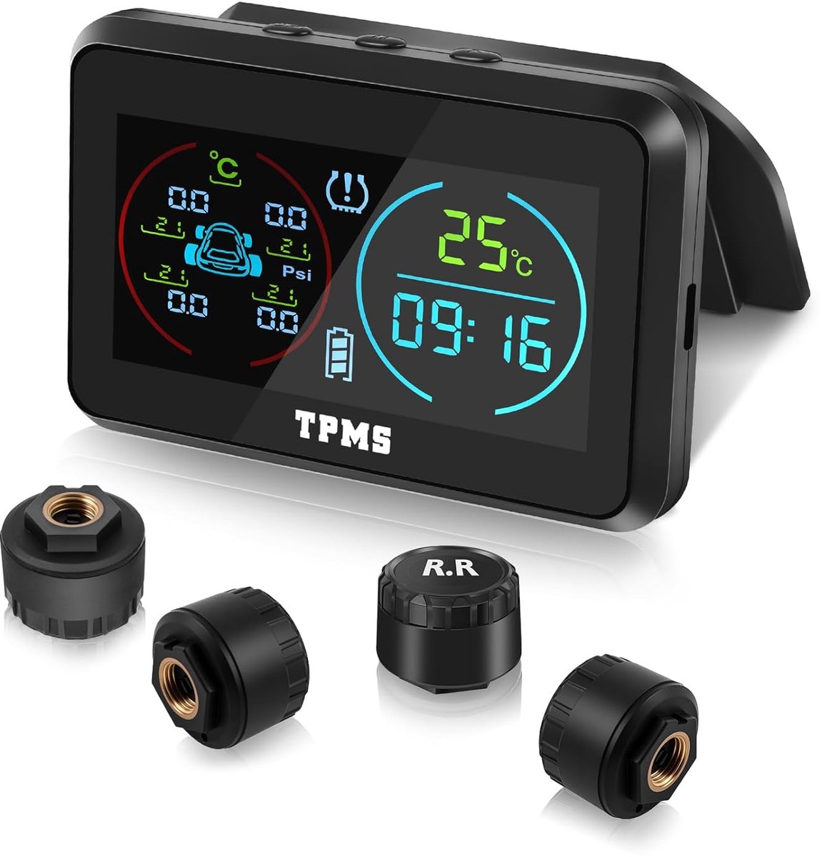 SnelShoppen - Draadloos Solar TPMS Bandenspanning Monitor Systeem met 4 Externe Sensoren, Real-Time LCD Scherm, 5 Alarm Modi voor Auto, SUV, Trailer,
