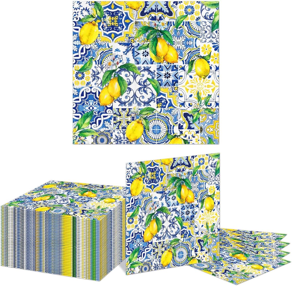 SnelShoppen - 40 Stuks Papieren Servetten met Citroenprint - Blauwe en Gele Decoratieve Eettijd Napkins voor Feest, Keuken, Lunch, Tuin en BBQ