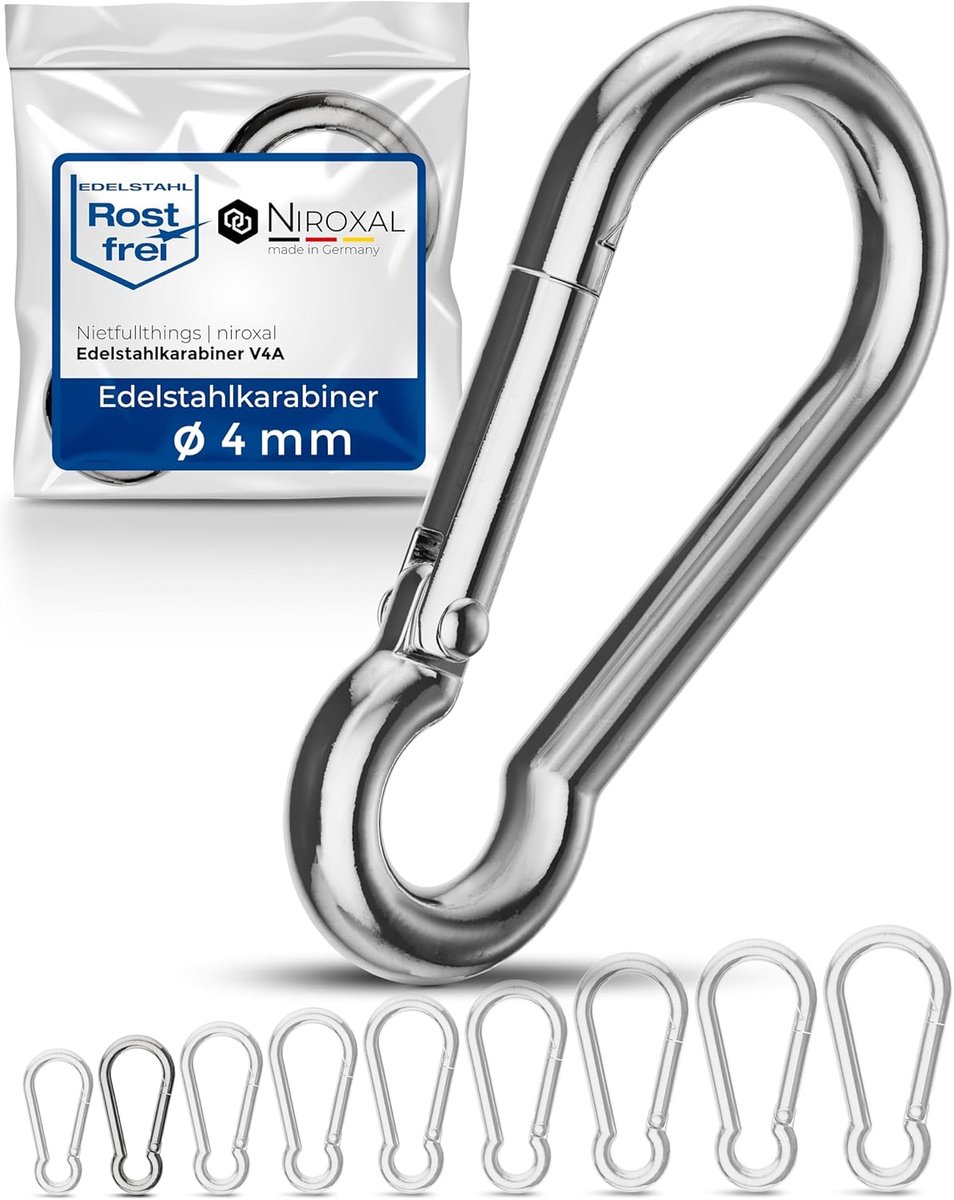 SnelShoppen - 4 Stuks 4 mm RVS Karabijnhaak zonder Oog - V4A Roestvrij Staal - 590 kg Breeklast - Snap Hook voor Brandweer en Outdoor - 40 mm Lengte
