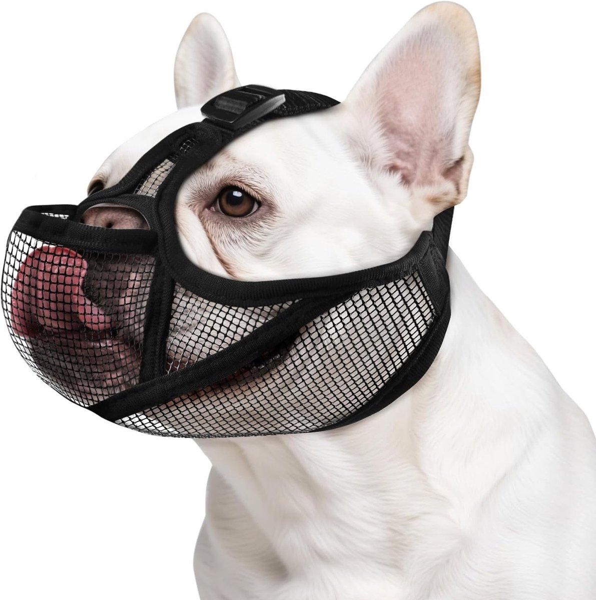 Verstelbare zachte muilkorf voor Franse Bulldoggen en andere kortsnuitige honden, anti-bijt en kauwen, met oogopeningen voor drinken en eten (XL, Zwart)