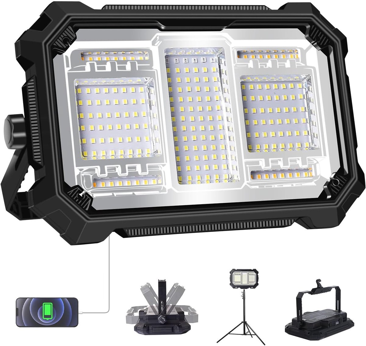 SnelShoppen - 100W Oplaadbare Werklamp met 206 LEDs, 1000 Lumens, Magnetische Buitenlamp, 7500 mAh Draadloze Waterdichte Floodlight met Statief, 5 Ver