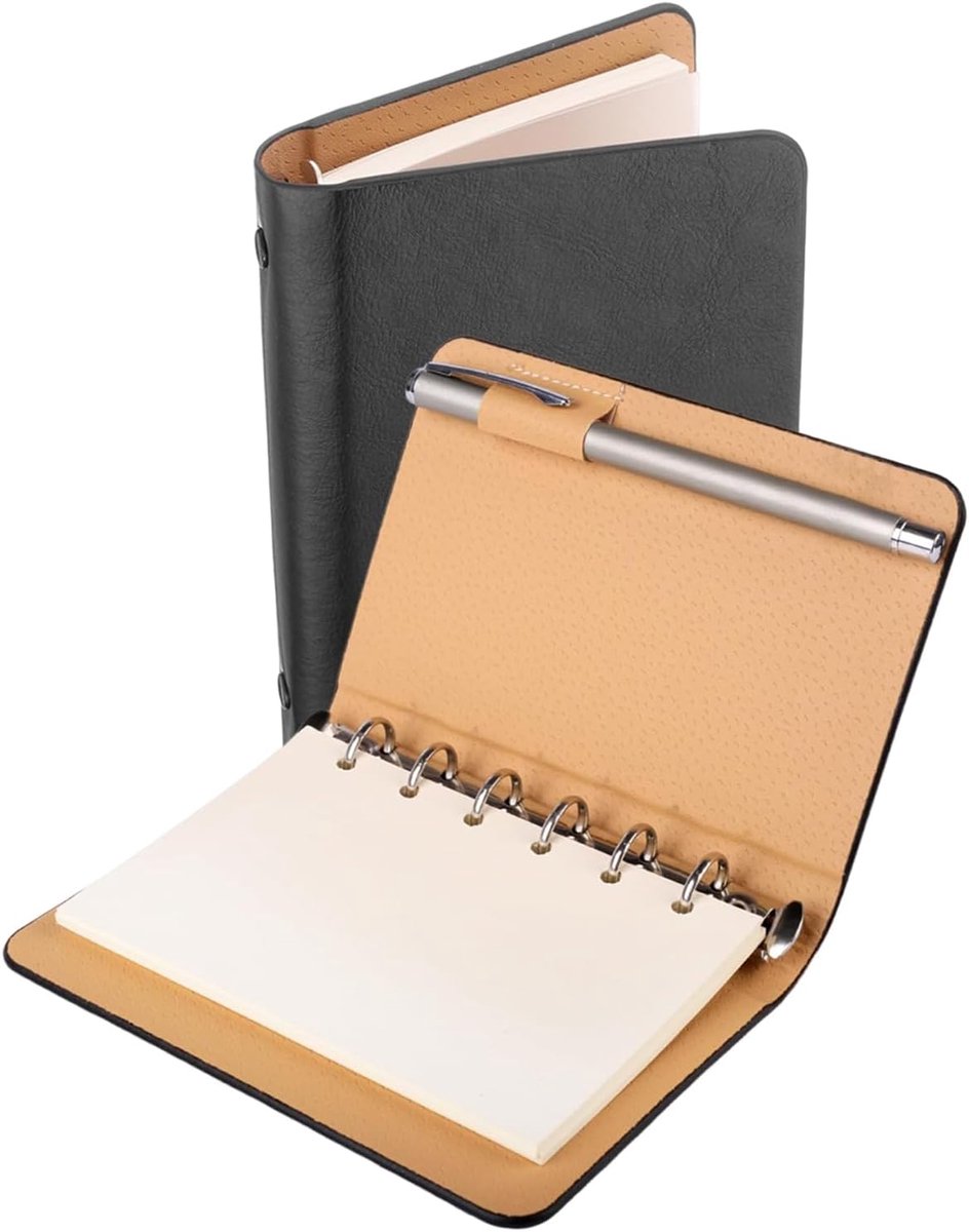 SnelShoppen - A7 Notebook - Herbruikbaar Notitieboek - Ringband Schrijfgerei voor School, Kantoor, Schrijven, Tekenen - Luxe Faux Leer, 6-Holes, Compa
