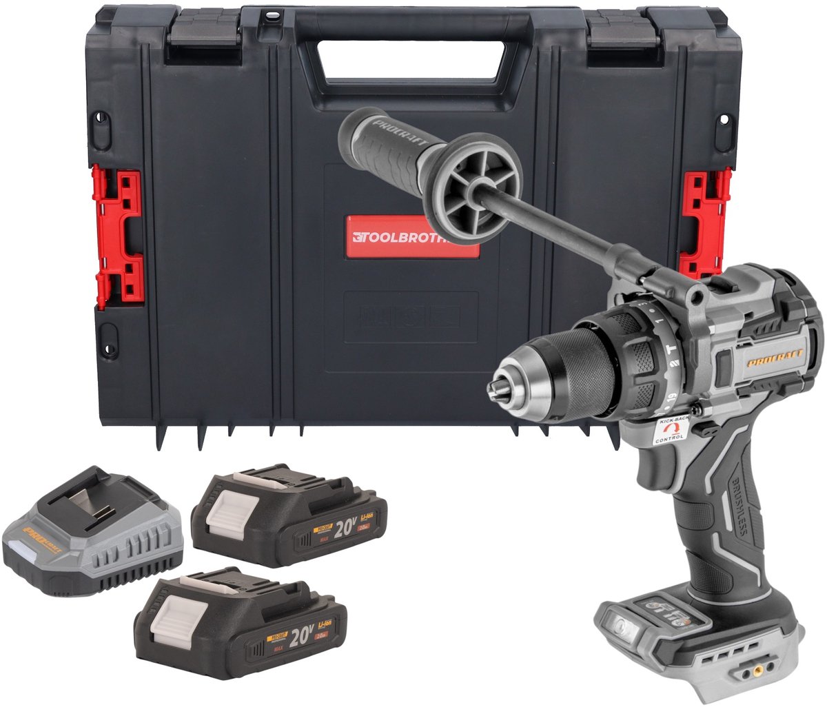ProCraft Industrial CD20C-BB accu-slagboormachine 20 V 120 Nm borstelloos + 2x accu 2,0 Ah + oplader + RHINO-gereedschapskoffer